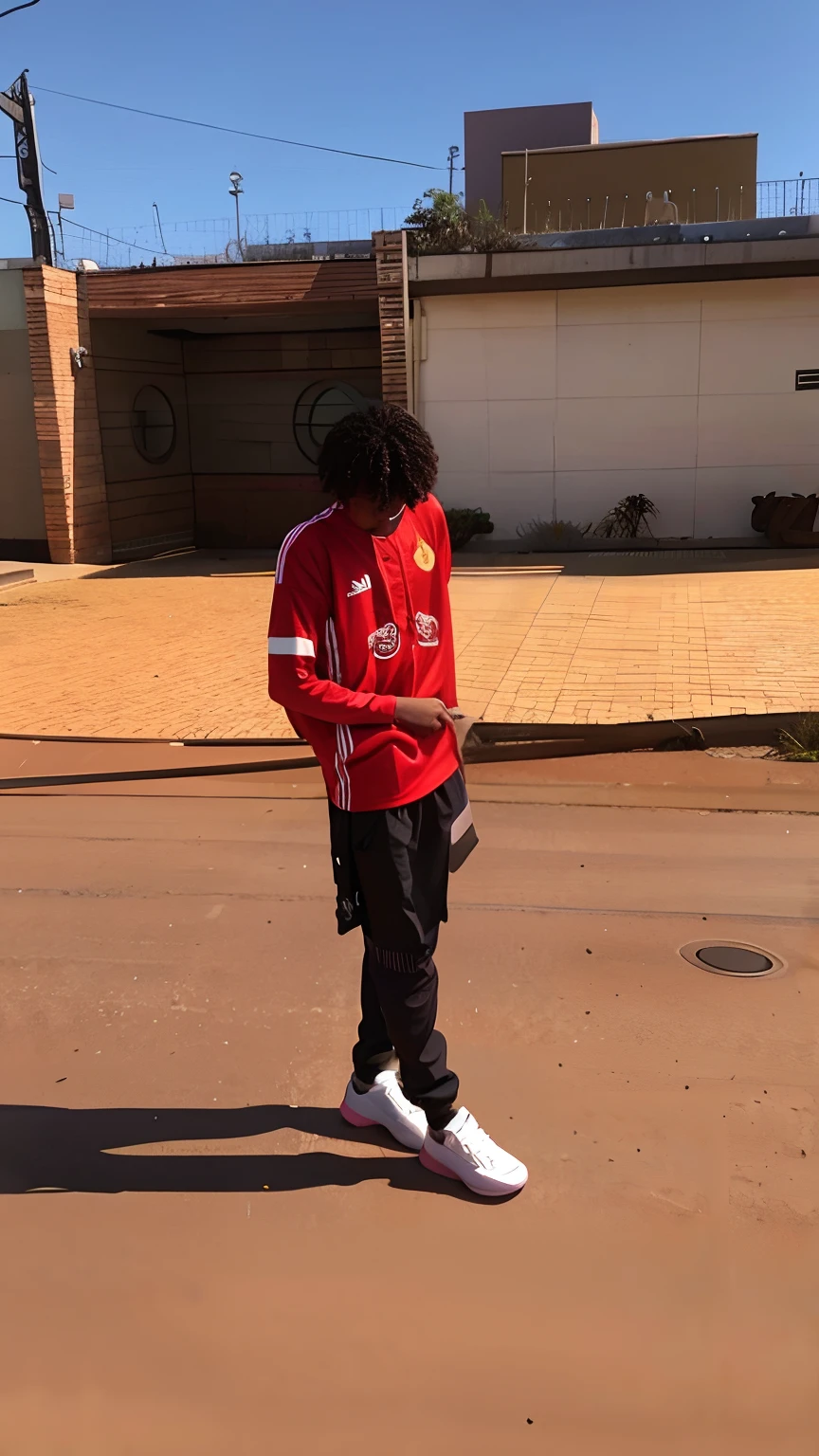 There's a man in a red shirt standing in the street, inspirado em Willian Murai, Directed by: Willian Murai, Chappie em um traje de treino da adidas, usando roupas adidas, wearing a tracksuit, Estilo Mohamed Chahin, 2 1 selvagem, Pose legal, wearing a track suit, Mohamed Reda, ✏️🎨, imagem de qualidade muito baixa