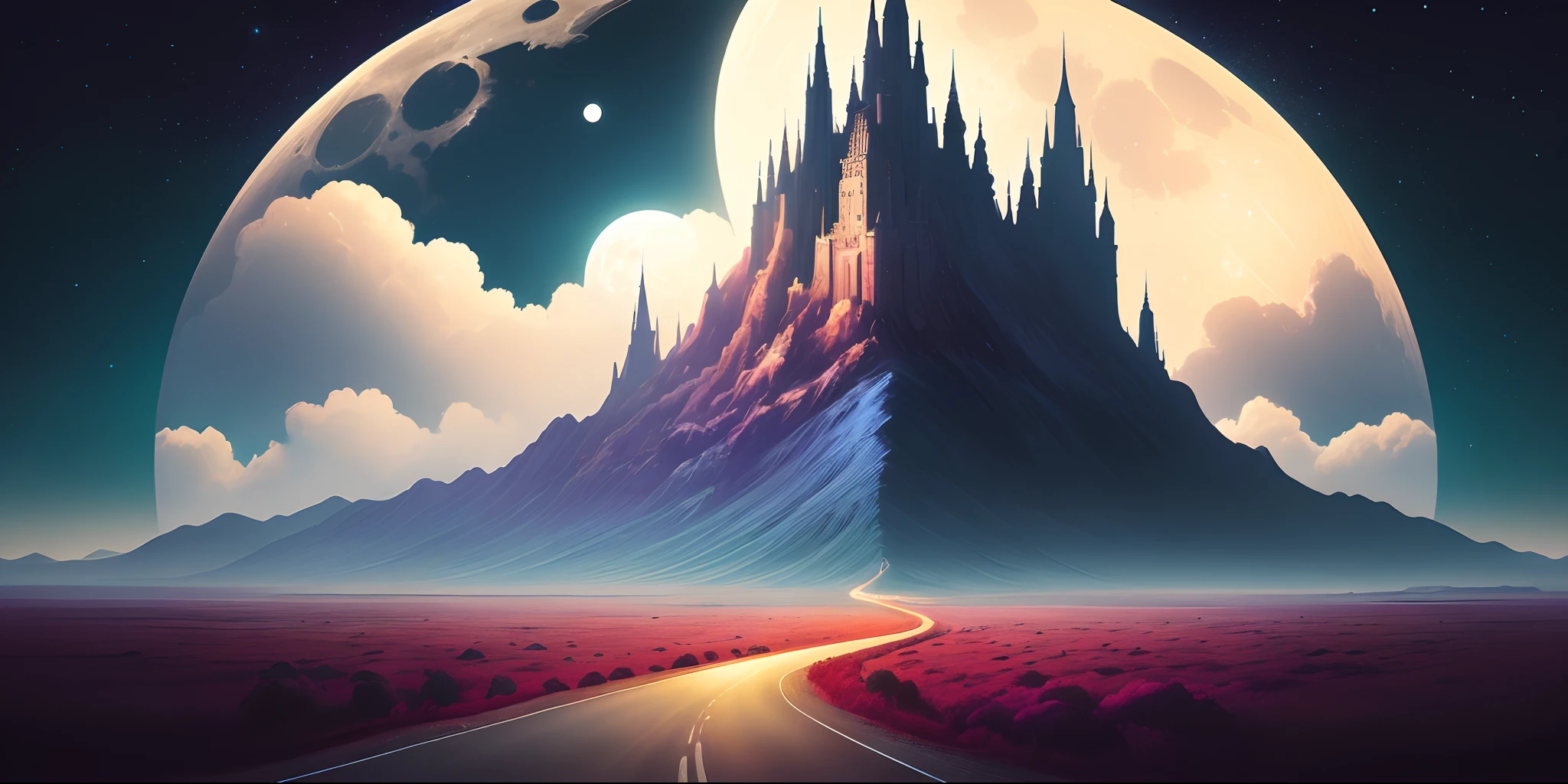 a painting of a road going through a landscape with a moon in the sky, inspired by Cyril Rolando, great digital art with details, beeple and james jean, by Cyril Rolando, digital art picture, in style of cyril rolando, surreal space, beautiful digital artwork, 4k highly detailed digital art, detailed dreamscape