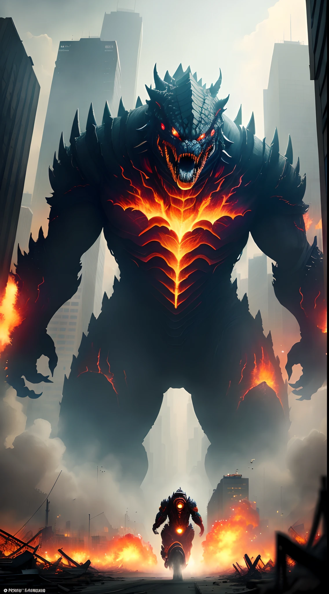 Draw the fusion of Venom and Phoenix。Create a terrifying hybrid monster that merges the ferocious Venom symbiote with the majestic yet destructive Phoenix force. The creature should have a muscular, jet-black body with a slick, liquid-like texture reminiscent of Venom, but with fiery, glowing cracks running through its skin, as if barely containing the immense power within. The head is a monstrous fusion of Venom’s menacing grin, filled with sharp teeth, and the glowing eyes of the Phoenix, with flames erupting from them. Large, blackened wings with a fiery aura extend from its back, casting an ominous shadow. The creature should appear both predatory and divine, with an aura that radiates both fear and awe. The background could be a desolate, scorched landscape, indicating the devastation