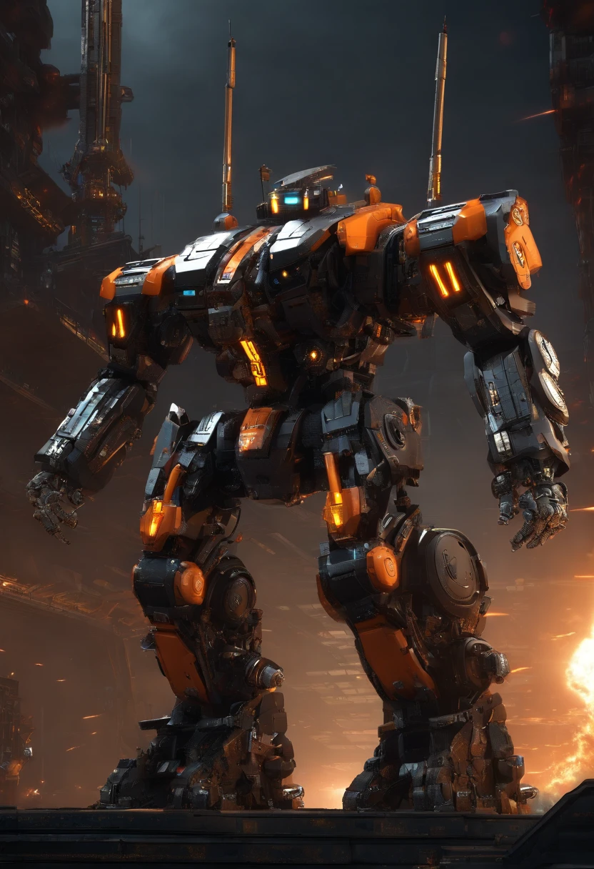 giant humanoid robot, battletech style, multibarrel rocket launchers, (arms replaced with weapons:1.7), masterpiece, black and orange colors