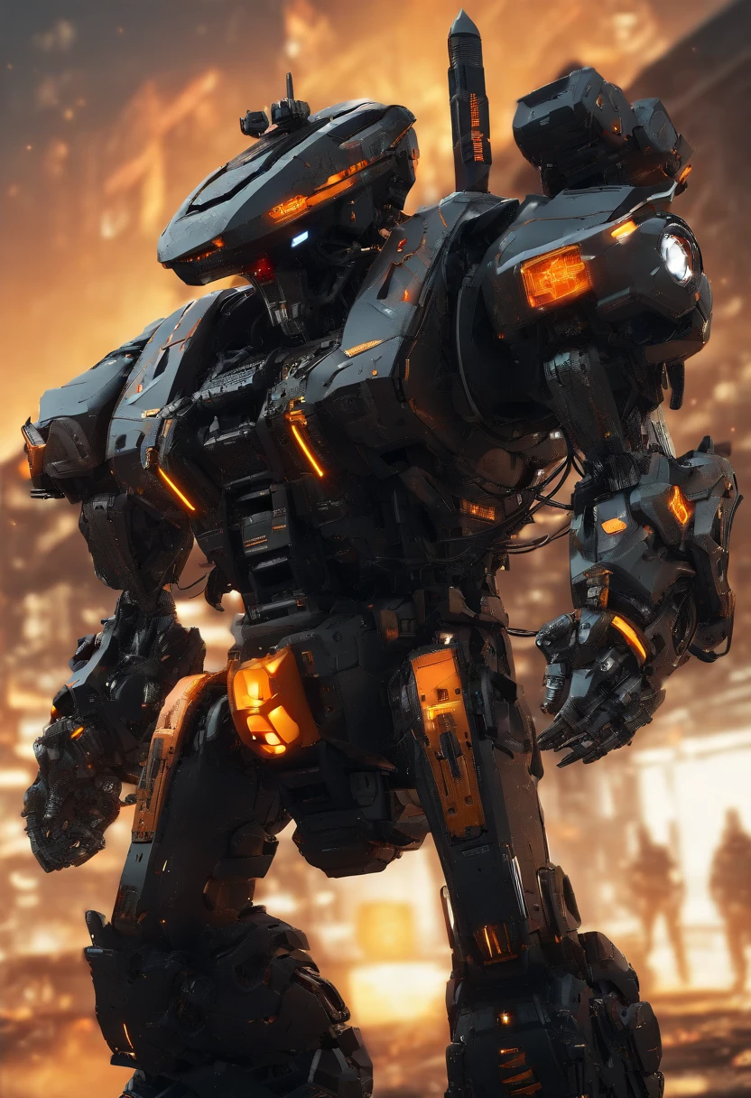 giant humanoid robot, battletech style, multibarrel rocket launchers, (arms replaced with weapons:1.7), masterpiece, black and orange colors
