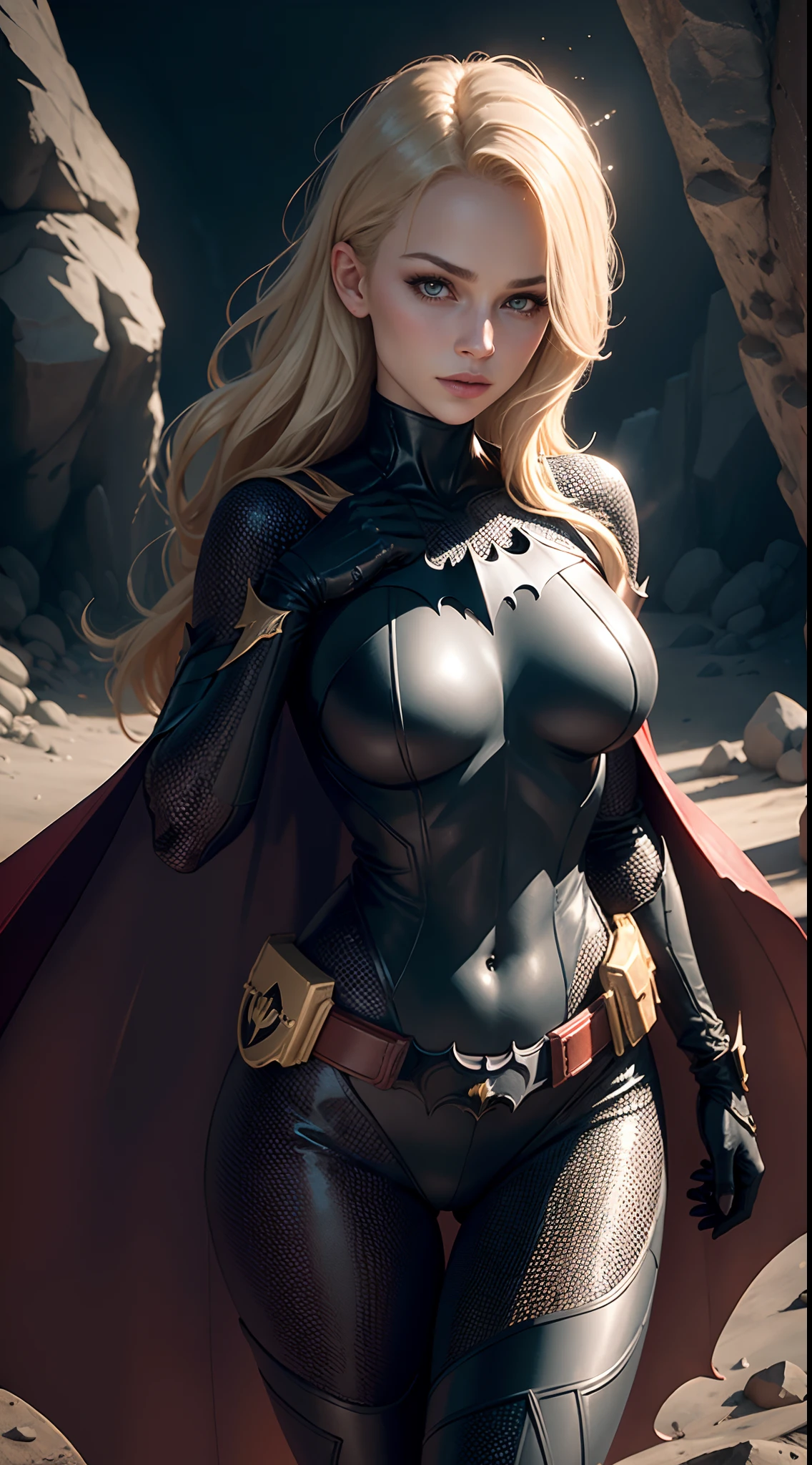 1girl, full body, style of the Batwoman costume, medium breasts, Yellow Batman Logo on Chest and the belt, masterpiece, best quality, detailed skin texture, detailed cloth texture, beautiful detailed face, intricate details, ultra detailed, Blonde hairstyle,  Dynamic pose, ( in theDark Cave), full moon on the sky,  (Best quality, A high resolution, Photorealistic, primitive, 8K,Masterpiece, ),Best quality, Masterpiec8K.hdr. High ribs:1.2, filmgrain, Blur bokeh:1.2, Lens flare, (vivd colour:1.2), (Delicate),