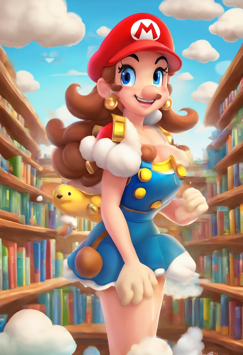 Una chica, bibliotecaria, pelo blanco, nubes de fondo, sexy, muslos grandes,