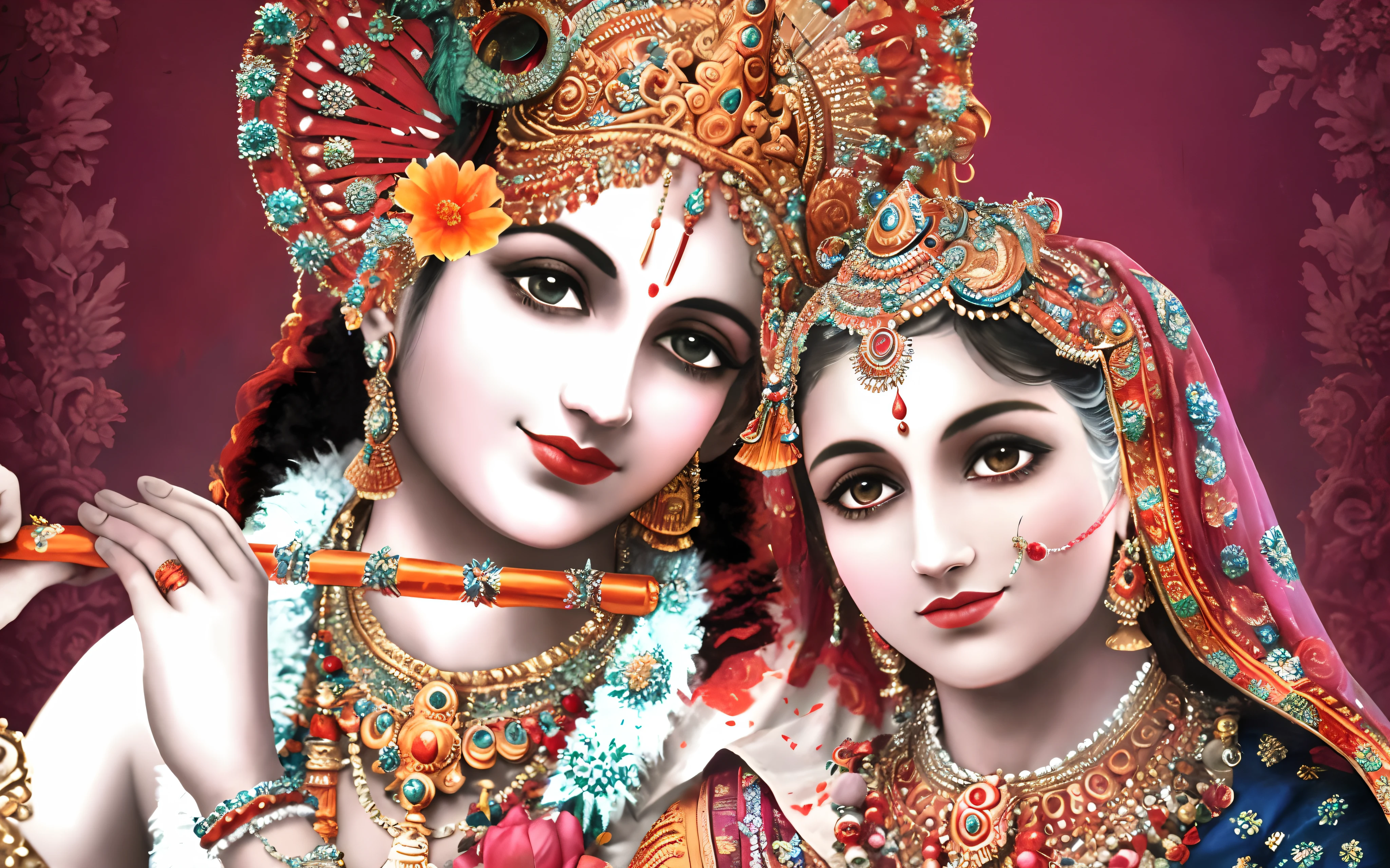 a close up of two women in traditional clothing with a red background, hindu gods, hindu art, beautiful godrays, indian god, from ramayan, indian art, eye level view, hindu god, vishnu, devainart, digitally enhanced, beautiful image, hindu aesthetic, attractive male deity, profile pic, hinduism, version 3, full of colors and rich detail