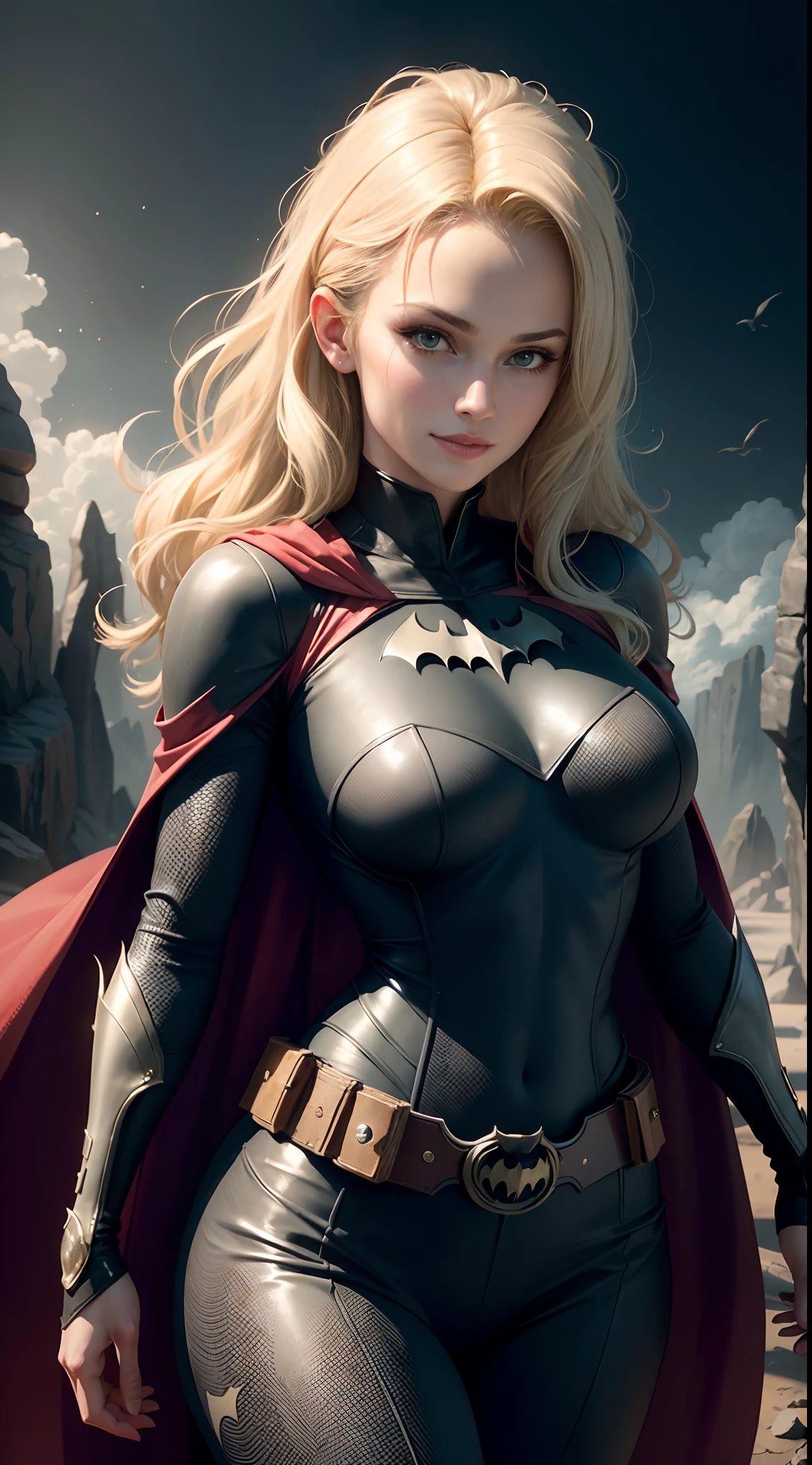 1girl, full body, style of the Batwoman costume, medium breasts, Yellow Batman Logo on Chest and the belt, masterpiece, best quality, detailed skin texture, detailed cloth texture, beautiful detailed face, intricate details, ultra detailed, Blonde hairstyle, Smile, look to viewers, Dynamic pose, ( in the Dark Cave), full moon on the sky, (Best quality, A high resolution, Photorealistic, primitive, 8K,Masterpiece, ),Best quality, Masterpiec8K.hdr. High ribs:1.2, filmgrain, Blur bokeh:1.2, Lens flare, (vivd colour:1.2), (Delicate),