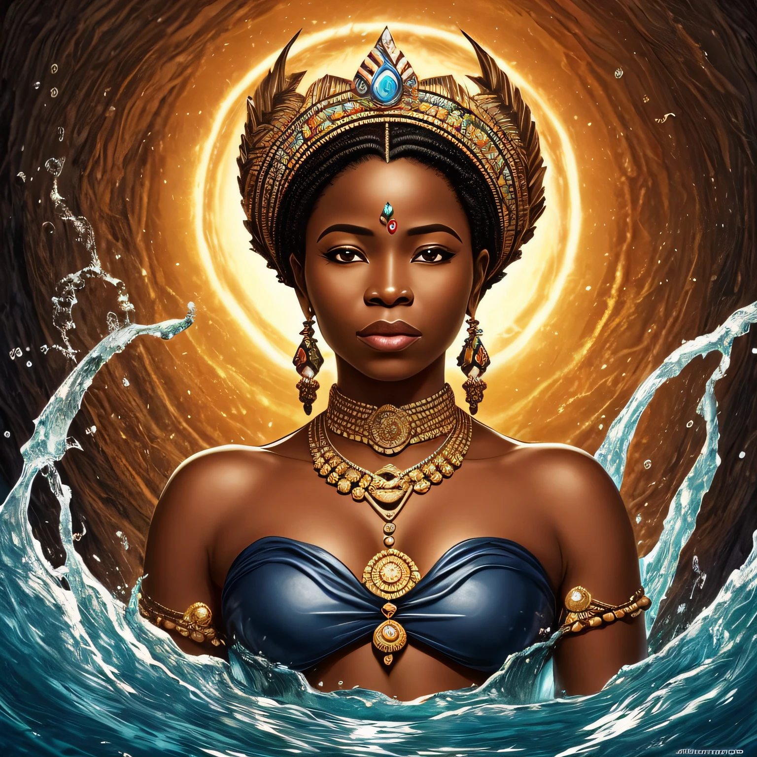 Obra prima, alta qualidade,  water magic, Yemanjá African Orisha, Iemanjá the queen of the sea, Deusa do Oceano, Deusa do Mar, Karol Bak UHD, water element, Retrato da Sereia Guerreira, Bela Sereia, Retrato da Rainha Sereia, Arte de Fantasia Digital ), Arte de Fantasia de Arte Digital, African Feminine Water Elemental Iemanjá is a female orixá (African deity) of Candomblé and Umbanda religions. Its name comes from the words of the Yoruba language (Niger-Congo language) “Yèyé omo ejá”, which mean “mother whose children are like fish”. She is considered the mother of all adults and the mother of the orixás.