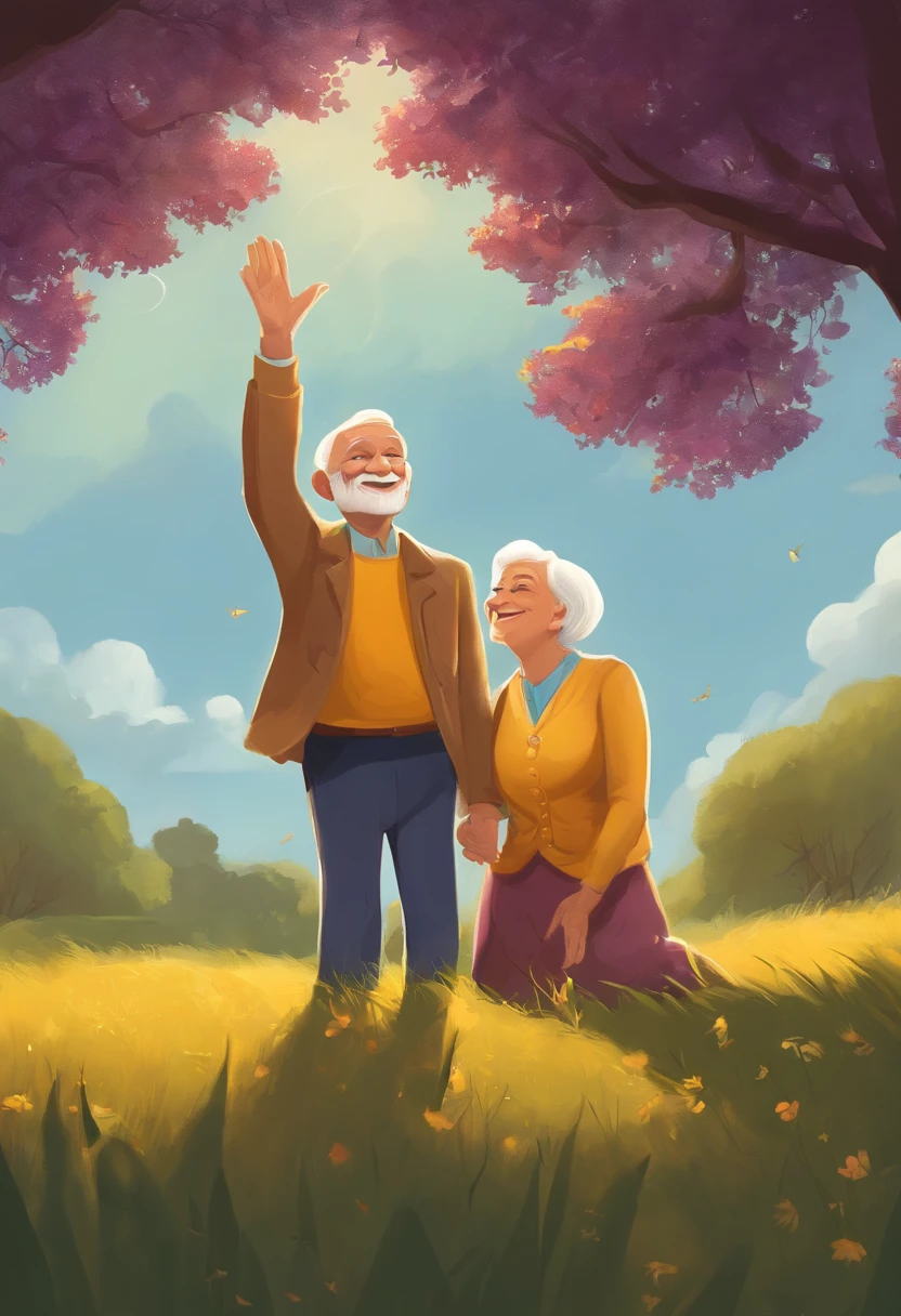 Illustration up high adventures old man and his wife still young lying on the grass pointing to the sky cheerful, com apenas as cores amarelo e roxo vibrantes