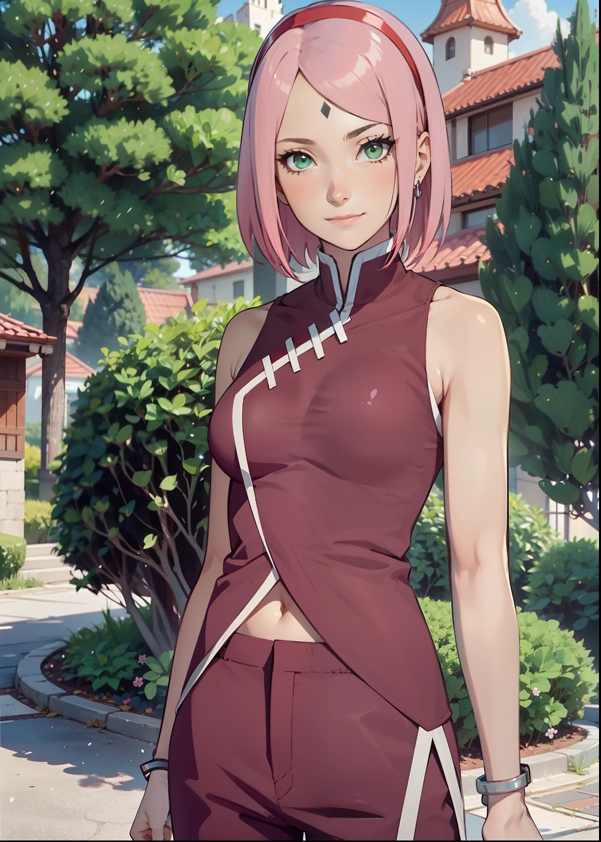 Sakura Haruno,1 girl,small breast,perfect body,small waist,sexy body,light pink hair,green eyes,symmetrical face,sharpness,sharp focus,extremely detailed clothes,cute smile,looking to the viewer,standing still,standing straight,beautiful garden in the background,dark blue rhombus on the forehead,black gloves,red hairband,red joggingpants,white and red skinny tanktop,sleeveless,cropped tanktop,full body,full body portrait,