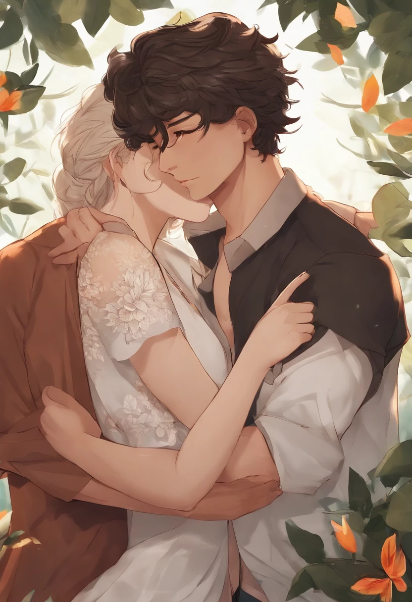 Lima Momomaru Create Requests Copy prompts Draw a scene of two beautiful young men embracing each other。O primeiro tinha cerca de 25 anos.、Ele tem um alto, corpo tonificado e musculoso.tres jovens dois rapazes e uma rapariga um rapaz com pele morena e outro rapaz com pele branca cabelo comprido e tatuage no pescoso e uma moca com pele morena com pele negra