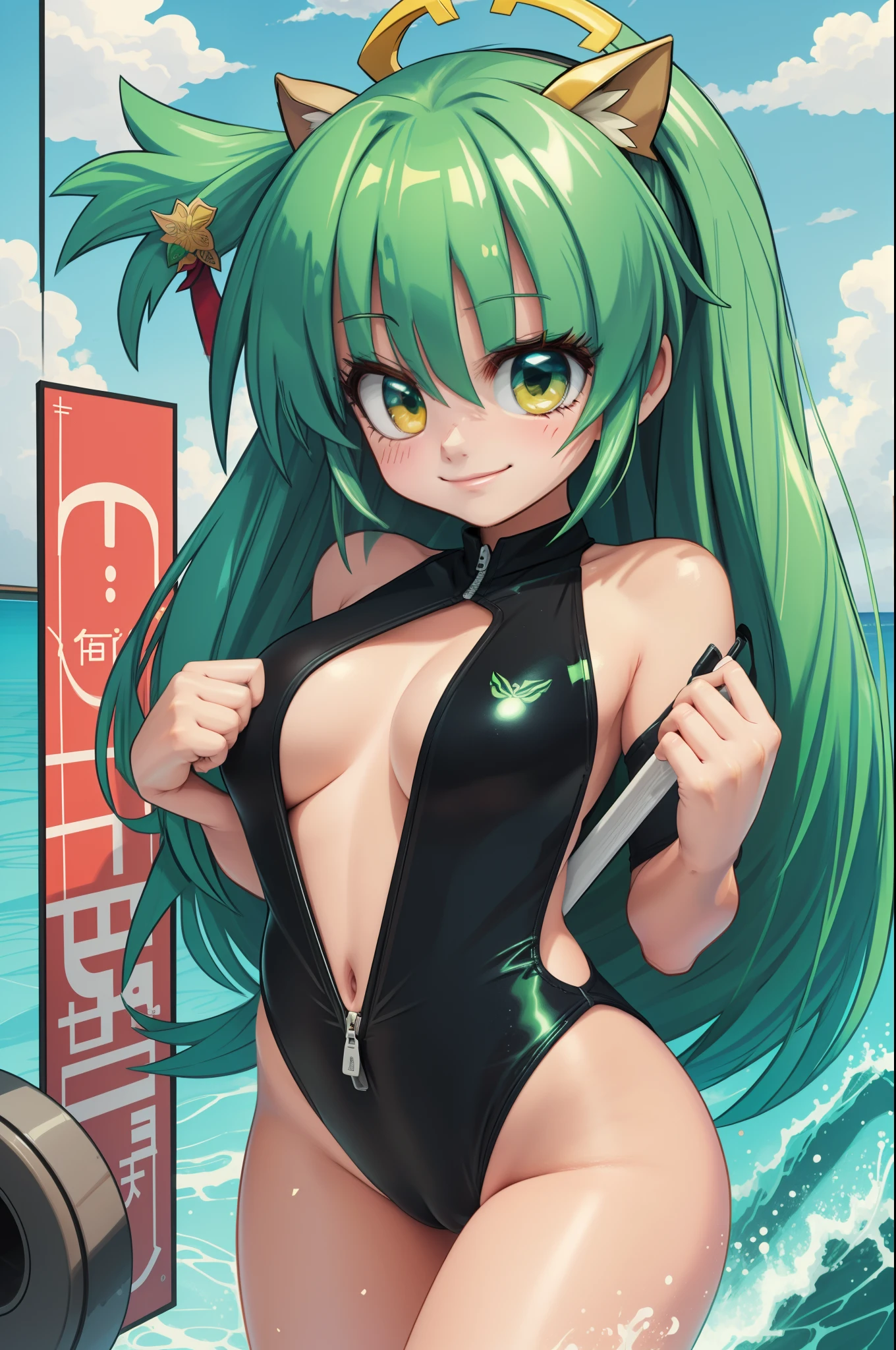 (masterpiece), 1girl, woman, school swinsuit, green mane hair, smirk, perfect anatomy, vector, anime art, anime style, cartoon, 4k, high defition, ultra HD.