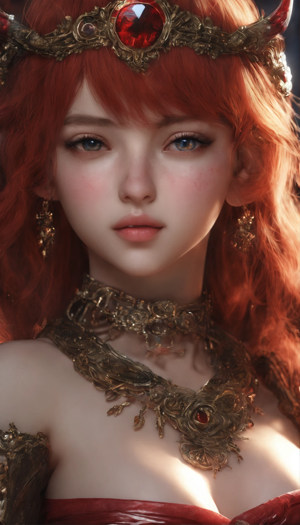 (hyperrealistic:1.25), (illustration), (high resolution), (8K), (extremely detailed), (best illustration), (beautiful detailed eyes), (best quality), (ultra-detailed), (masterpiece), (wallpaper), (photorealistic), (detailed face), high detailed realistic skin texture, anatomically correct, solo, 1girl, (high detailed realistic hair), (red hair:1.3), (heterochromic eyes), (detailed red glowing eyes:1.25), (realistic big breasts:1.3), (cleavage), (bare shoulders), (long legs), (slender abs), (dynamic pose), (closed lips:1.3), (full body), nsfw, absurdres, highres, ultra detailed, eyeliner, sideboob, narrow waists, demon girl, widely demon wings, long devil horns, tattoo, detail background Darkness Empire Palace, FireMagicAI, intricate, Full moon,