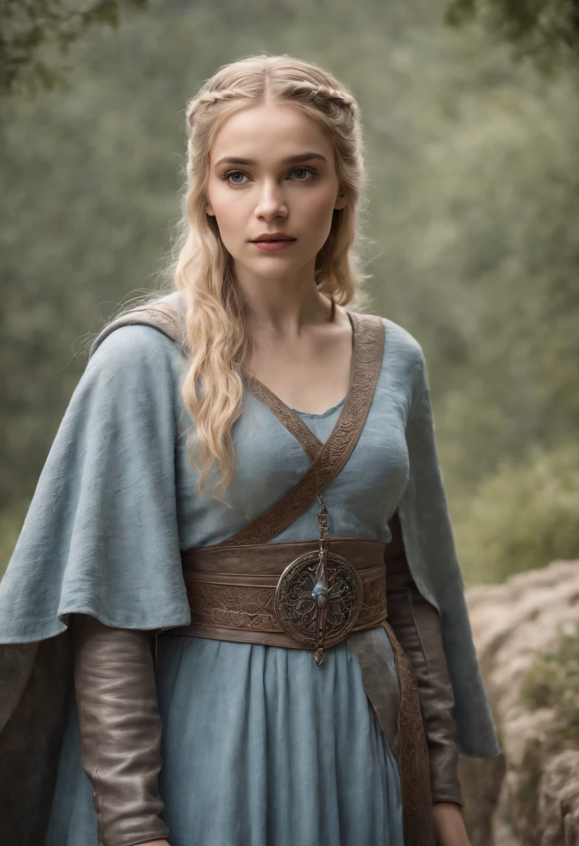 Mulher jovem, 21 anos, full body to feet, Blonde hair in braids, olhos azuis, feiticeira, celta, Stone ruins, estatura mediana e corpo perfeito, Flowing light blue linen dress with gray cape and silver details, with Celtic knot jewel, bolsa de coro suspensa, botas de couro, race, watercolor technique, design de cartaz, 300 DPI, soft-lighting, ethereal art, misteriosa, serene expression, atmosfera encantadora, bokeh, foto, 8k, escuro, dynamic action, estilo desbotado, nostalgic dreamer, suave foco, vinhetas escuras, vazamentos de luz, medium shot photograph, Ethereal dark art painting, extravagant, coarse-grained photographic image based on the fantasy world of Game of Thrones