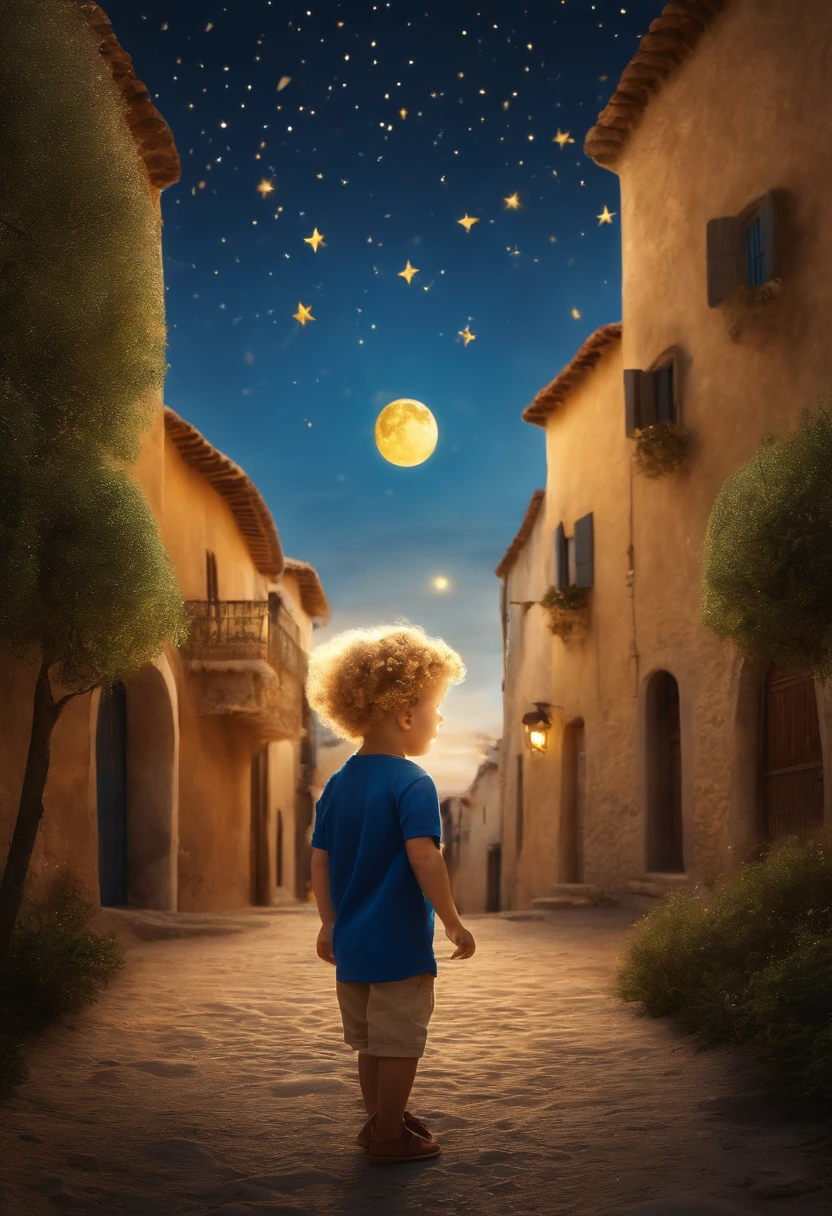 estilo infantil, uma cena em que Guto, um garoto de olhos negros com grandes olhos arregalados, looks surprised and cheerful at the Little Prince, A magical being with golden hair and blue clothes, que sorri gentilmente. A shooting star shines in the sky in the background.