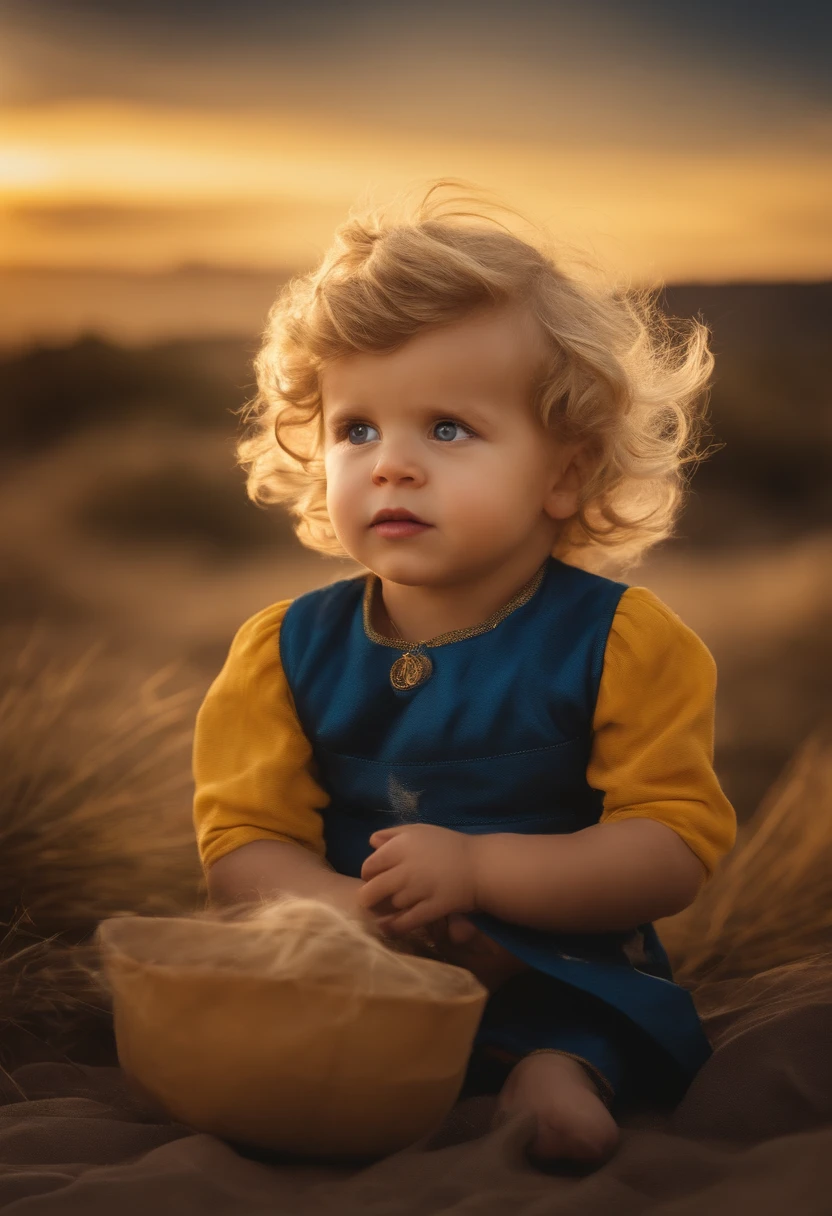 estilo infantil, uma cena em que Guto, um garoto de olhos negros com grandes olhos arregalados, looks surprised and cheerful at the Little Prince, A magical being with golden hair and blue clothes, que sorri gentilmente. A shooting star shines in the sky in the background.