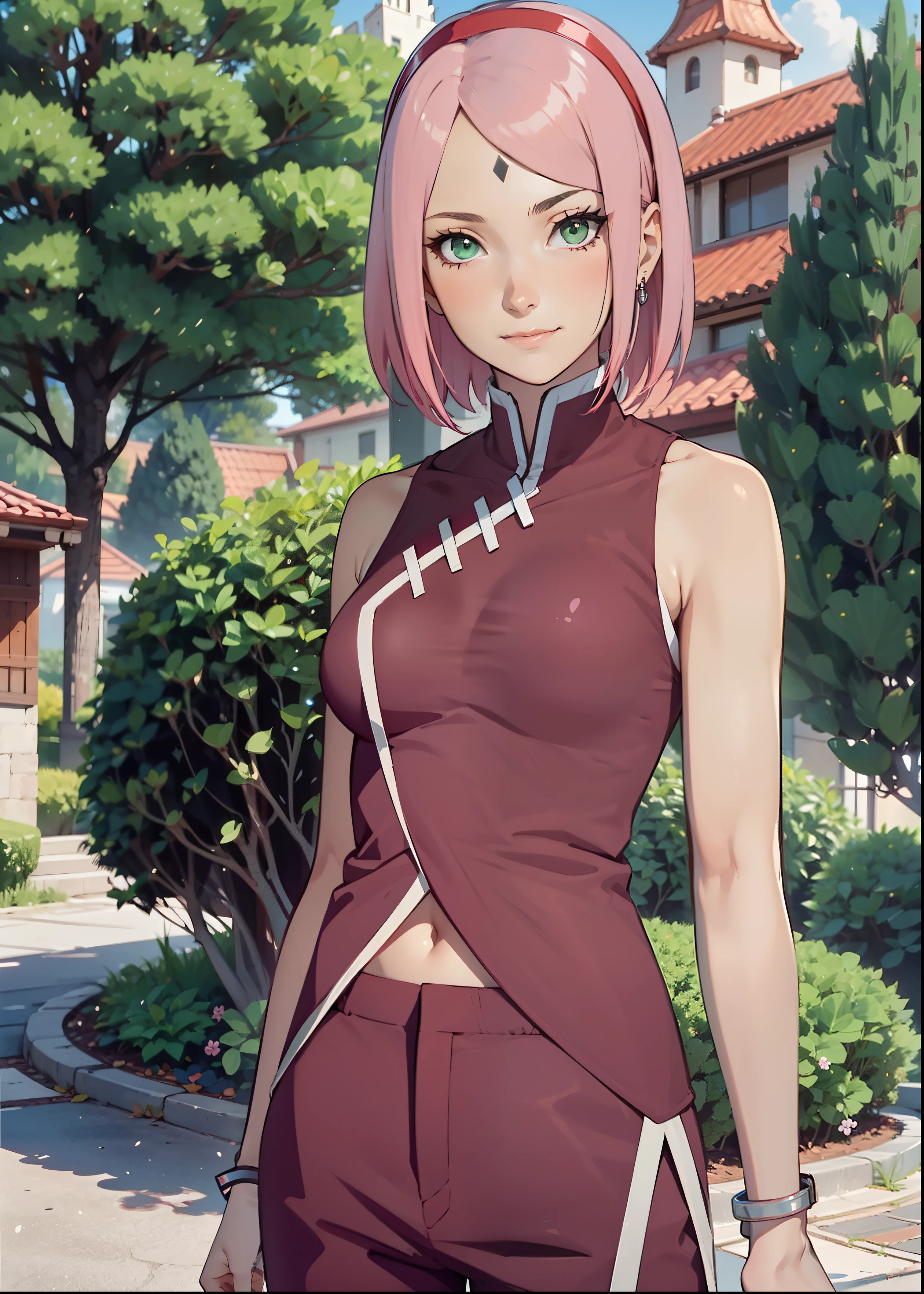 Sakura Haruno,1 girl,small breast,perfect body,small waist,sexy body,light pink hair,green eyes,symmetrical face,sharpness,sharp focus,extremely detailed clothes,cute smile,looking to the viewer,standing still,standing straight,beautiful garden in the background,dark blue rhombus on the forehead,black gloves,red hairband,red joggingpants,white and red skinny tanktop,sleeveless,cropped tanktop,full body,full body portrait,