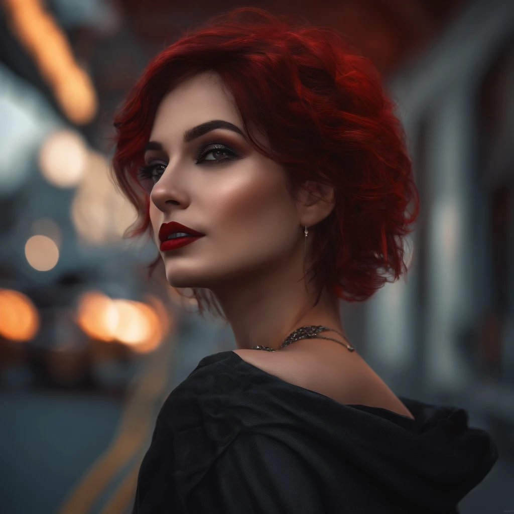 Beautiful girl, half-body portrait, Short messy hair in bright red, black eyeshadows, (street style wear:1.2), (urban backdrop:1.2), dark make-up, Digital art, trending on artstationh, Highly detailed, finedetail, Intricate, beautiful detailed glow, Detailed, Cinematic light, A high resolution, Detailed facial features,Sharp focus, smooth, Aesthetic,