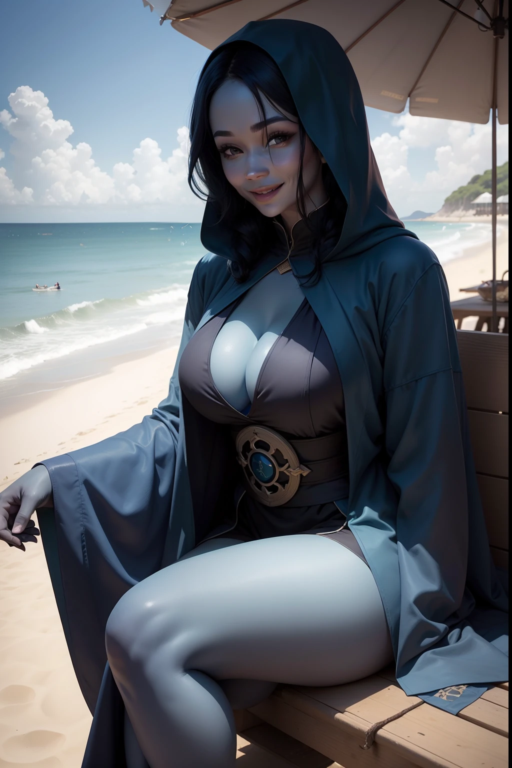 woman with blue skin and dark teal hair, dark blue monk robes, smiling on the beach in the sun