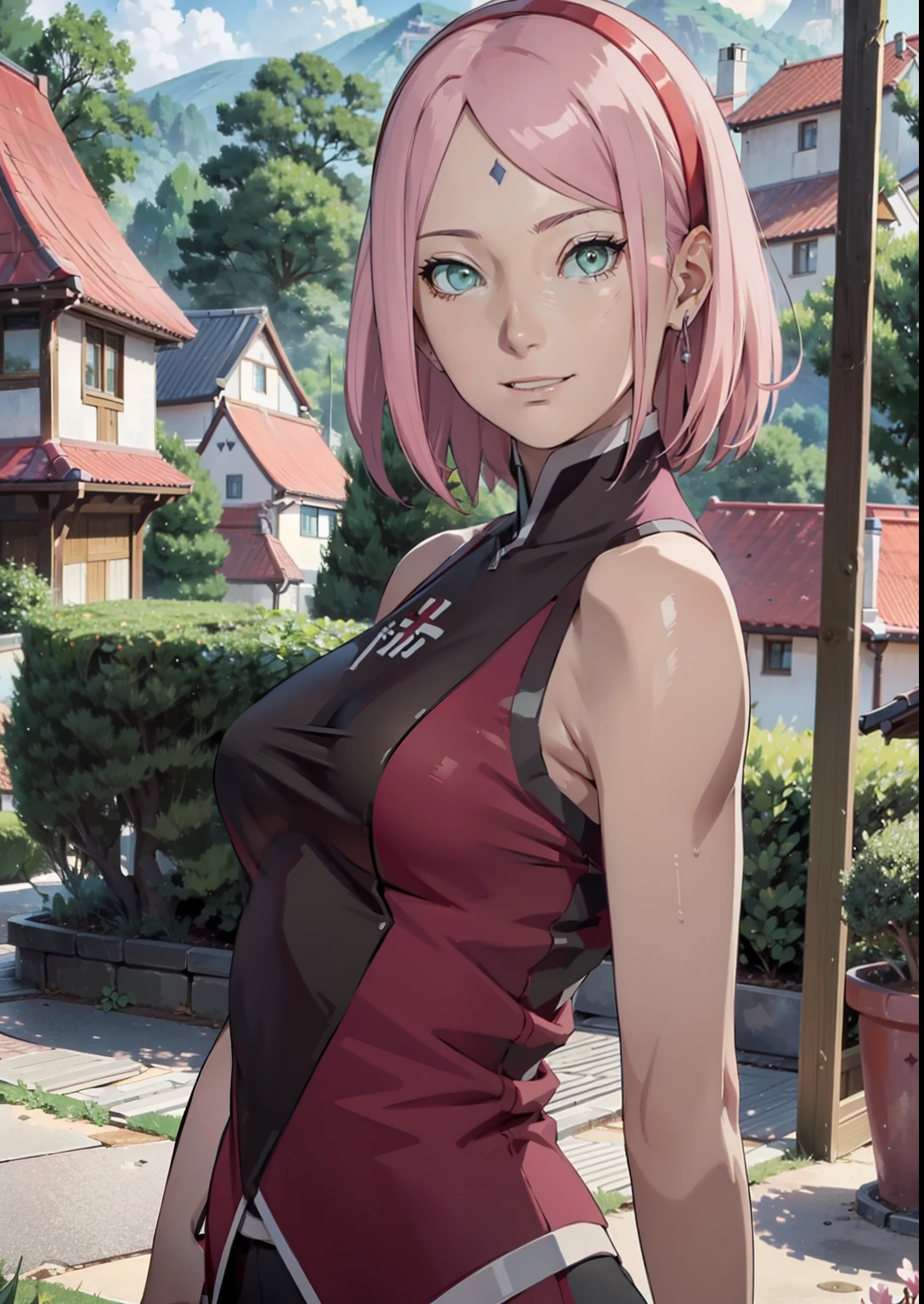 Sakura Haruno,1人,kleine Brust,Perfect Body,schmale Taille,sexy body,hellrosa Haare,green eyes,symmetrisches Gesicht,Sharpness,Scharfer Fokus,Extrem detaillierte Kleidung,cute smile,Blick auf den Betrachter,Stillstand,Aufrecht stehend,Beautiful garden in the background,dunkelblaue Raute auf der Stirn,schwarze Handschuhe,rotes Haarband,Rote Jogginghose,White and red skinny tank top,sleeveless,Shortened tank top,full entire body,full-length portrait,