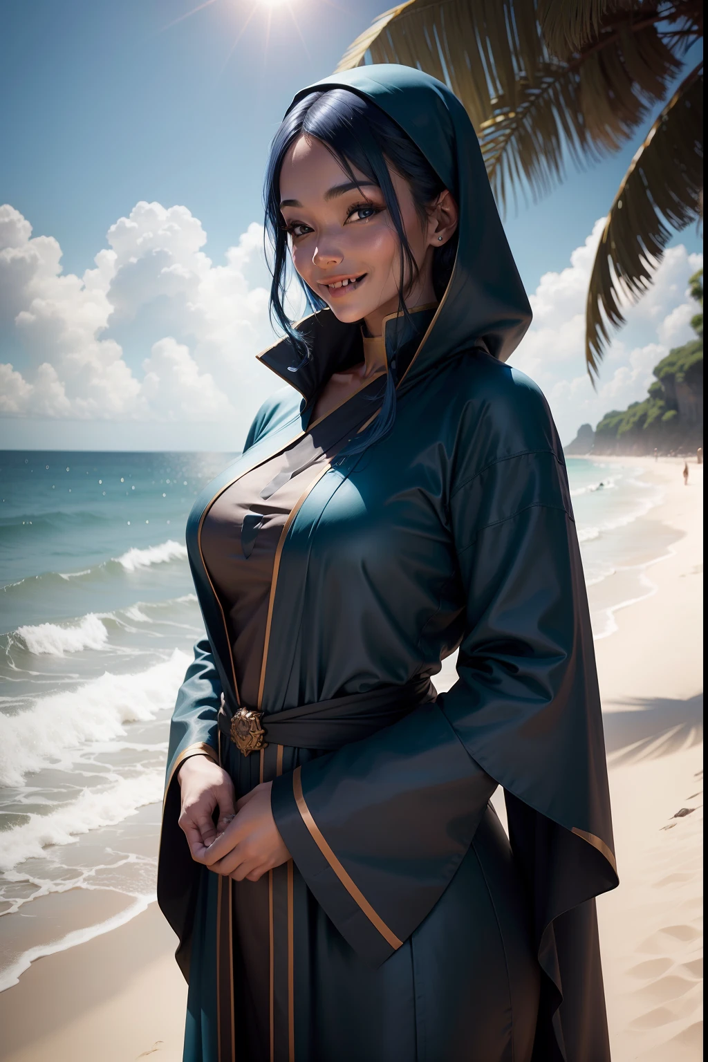 woman with blue skin and dark teal hair, fuzzy red antlers, dark blue monk robes, smiling on the beach in the sun,