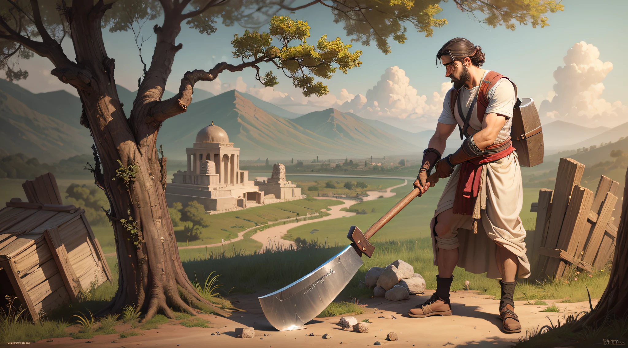 a man with an ax chopping a tree, Ancient Babylon scenery, Biblical environment, Biblical stories, between 705 to 681 BC
