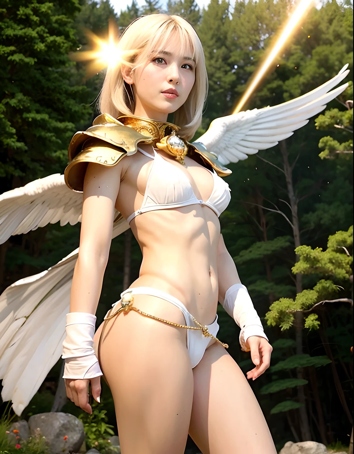 Professional , masterpiece、top-quality、photos realistic , depth of fields 、(Fight fiercely with dragons)、A smile、(White bikini armor)、(Particles of light)、(Glamorous body)、Colossal tits、Jewel Gold Weapon、Particles of light),Gorgeous gold weapons ,(( Gorgeous Dragon Sword)) , (White angel wings grow),(maikurobikini) 、((White hair))、(Castle background)、((Gangle's forest background))、Beautiful Caucasian beauty、1a person、dynamic ungle,(((A small ring of light floating overhead)))、Smaller head、Idle Smile、Thin and beautiful female hands、Mystical expression、Light Effects、intense fighting、Wind-effect、magic circles、(White angel wings grow)、