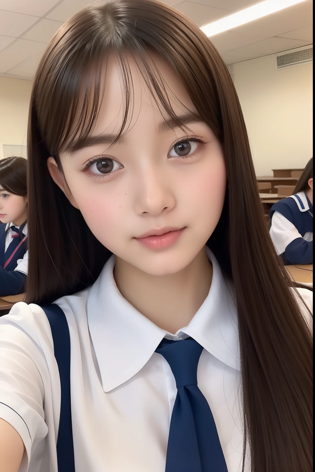 hyper realistic selfie of beautiful high school girl in a classroom wearing a school uniform that looks very sweet and innocent and kind