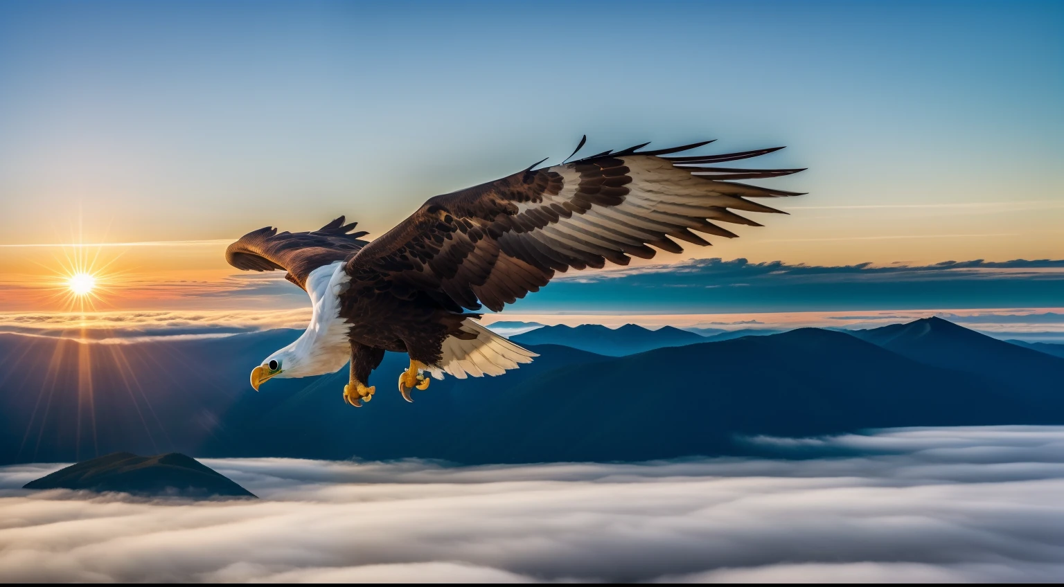 An image of a majestic eagle flying high above the clouds, destacando a ideia de elevar-se acima das dificuldades e desafios da vida. the Eagle, with his keen eye, symbolizes clear vision and the ability to see solutions even in complex situations.