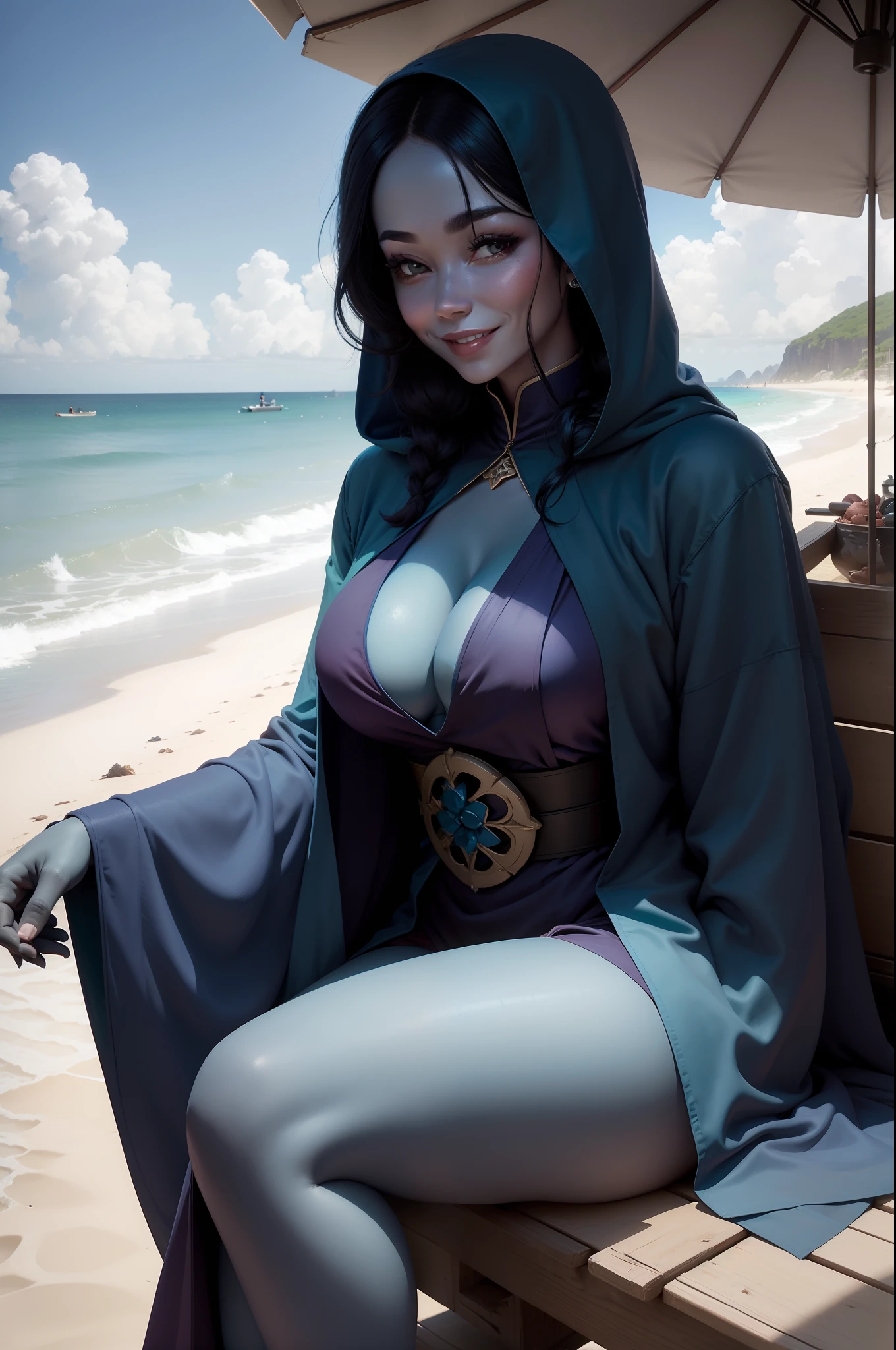 woman with blue skin and dark teal hair, fuzzy red antlers, dark blue monk robes, smiling on the beach in the sun,