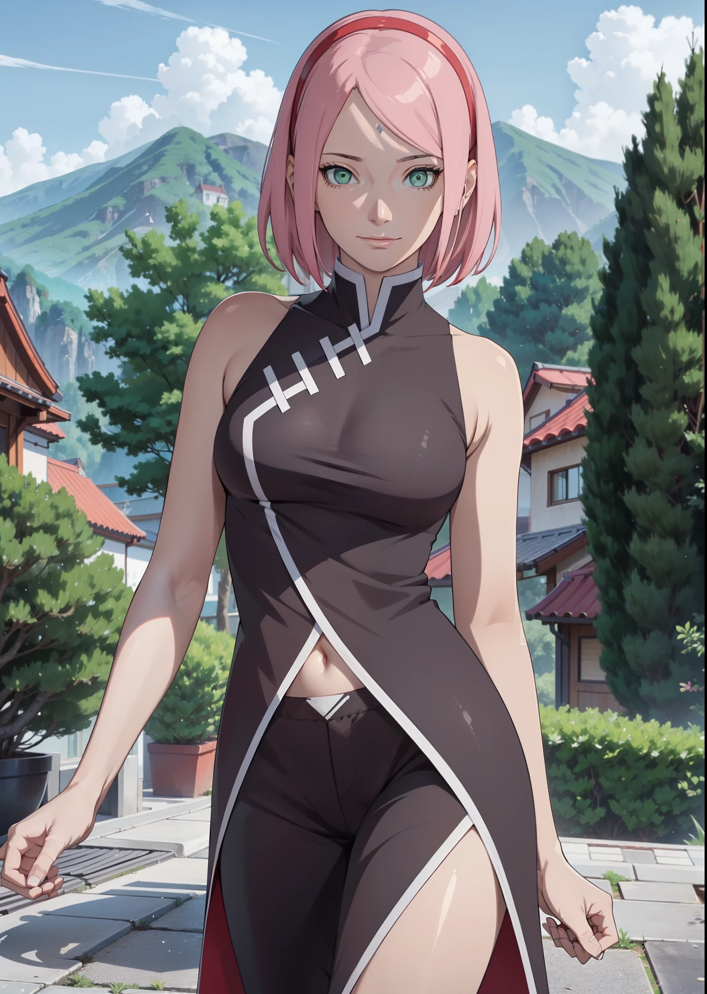 Sakura Haruno,女の子1人,kleine Brust,Perfect Body,schmale Taille,sexy body,hellrosa Haare,green eyes,symmetrisches Gesicht,Sharpness,scharfer Fokus,Extrem detaillierte Kleidung,cute smile,Blick auf den Betrachter,Stillstand,aufrecht stehend,Beautiful garden in the background,dunkelblaue Raute auf der Stirn,schwarze Handschuhe,rotes Haarband,Rote Jogginghose,White and red skinny tank top,sleeveless,Shortened tank top,full entire body,full-length portrait,