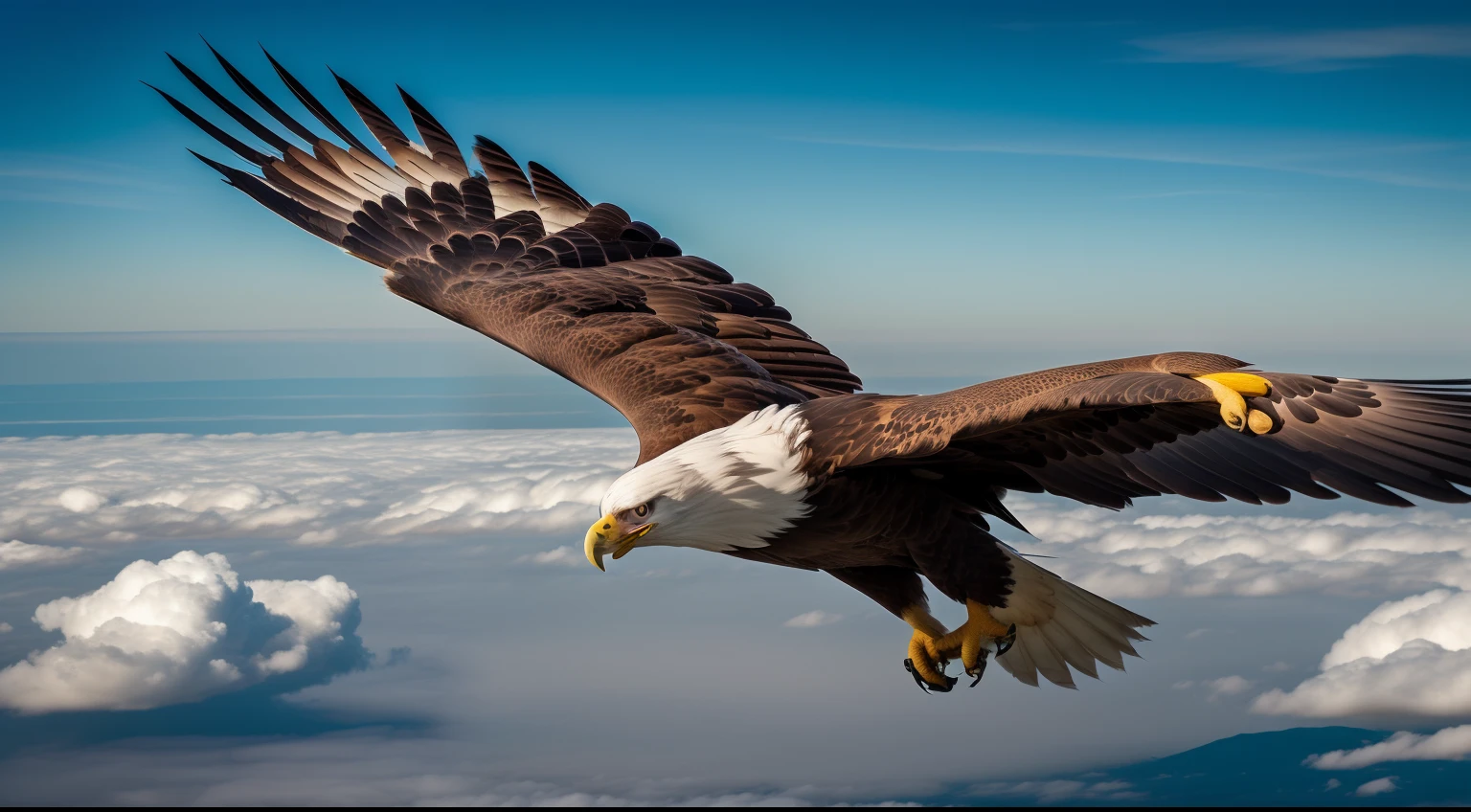 An image of a majestic eagle flying high above the clouds, destacando a ideia de elevar-se acima das dificuldades e desafios da vida. the Eagle, with his keen eye, symbolizes clear vision and the ability to see solutions even in complex situations.