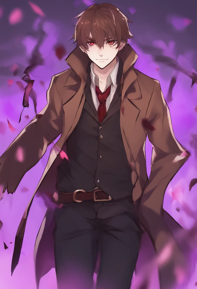 a anime guy with short brown hair, wearing a brown overcoat, vampire teeths with blood, blood on his face, shining purple eyes