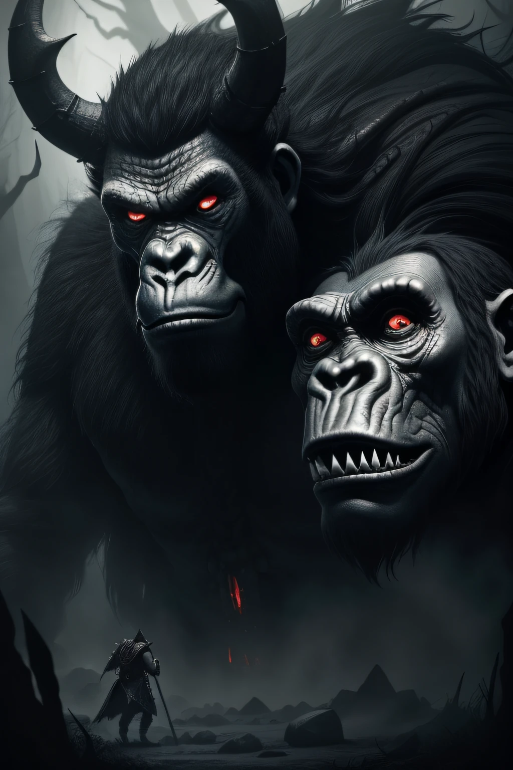 close up, 4k, hd, barlgura from dnd, (giant gorila demon), demon, rpg, black art, darkness forest, black and white, album cover, (black metal)