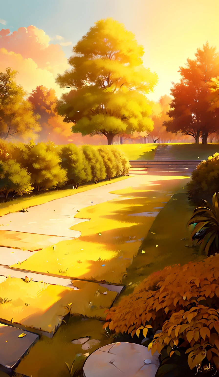 Tree with yellow and orange leaves, Path to the horizon, sun sunset, Sky at dusk, A small Rubik's Cube on the way, 4k, (melhor qualidade), (best resolution)
