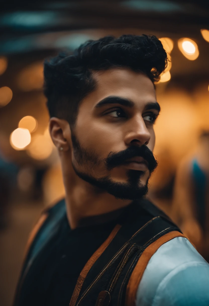 Jovem de undercut, cabelo preto, com roupa espacial, mexendo no computador, com bigode sem barba, apenas bigode, com um fundo espacial incrivel