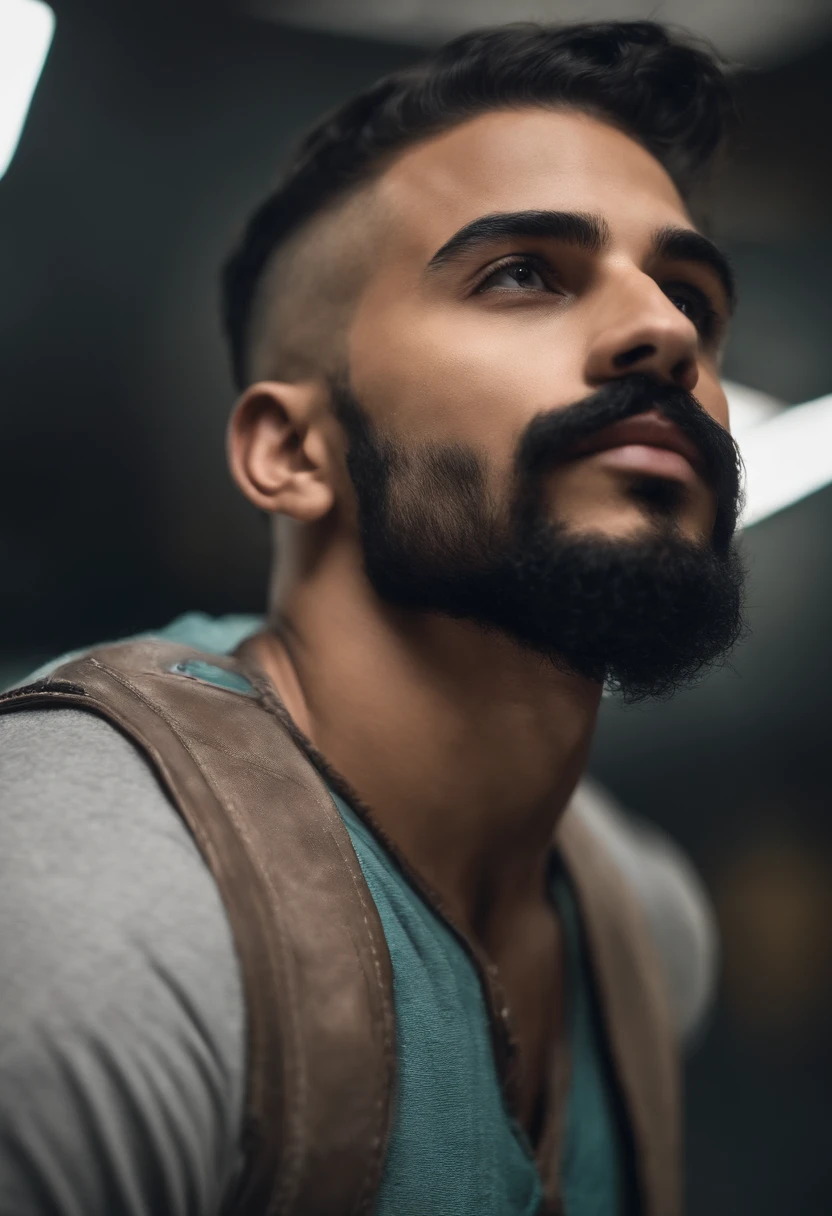 Jovem de undercut, cabelo preto, com roupa espacial, mexendo no computador, com bigode sem barba, apenas bigode, com um fundo espacial incrivel