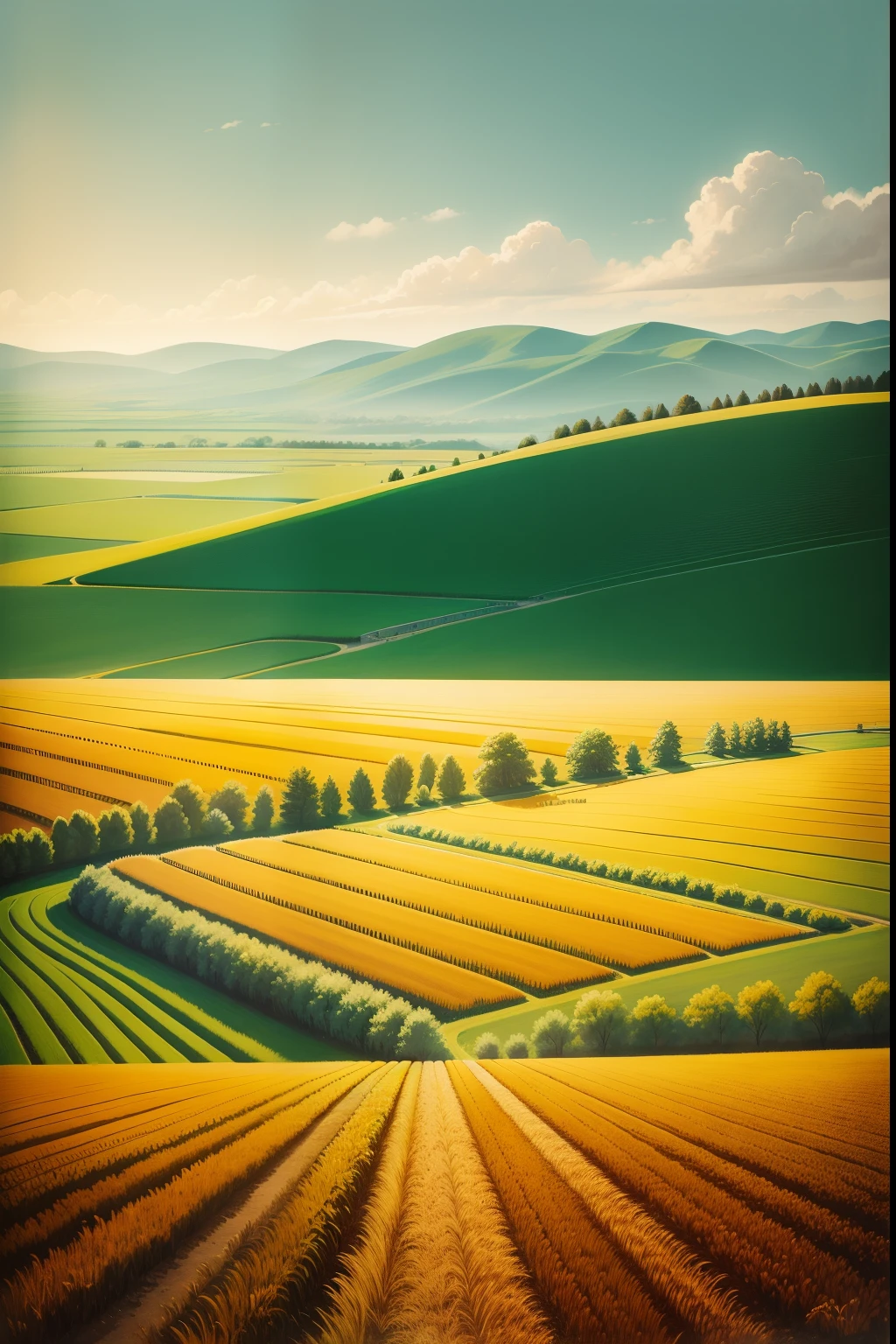 A painting of a perspective view of rows of plowed fields, springtime, midday light.