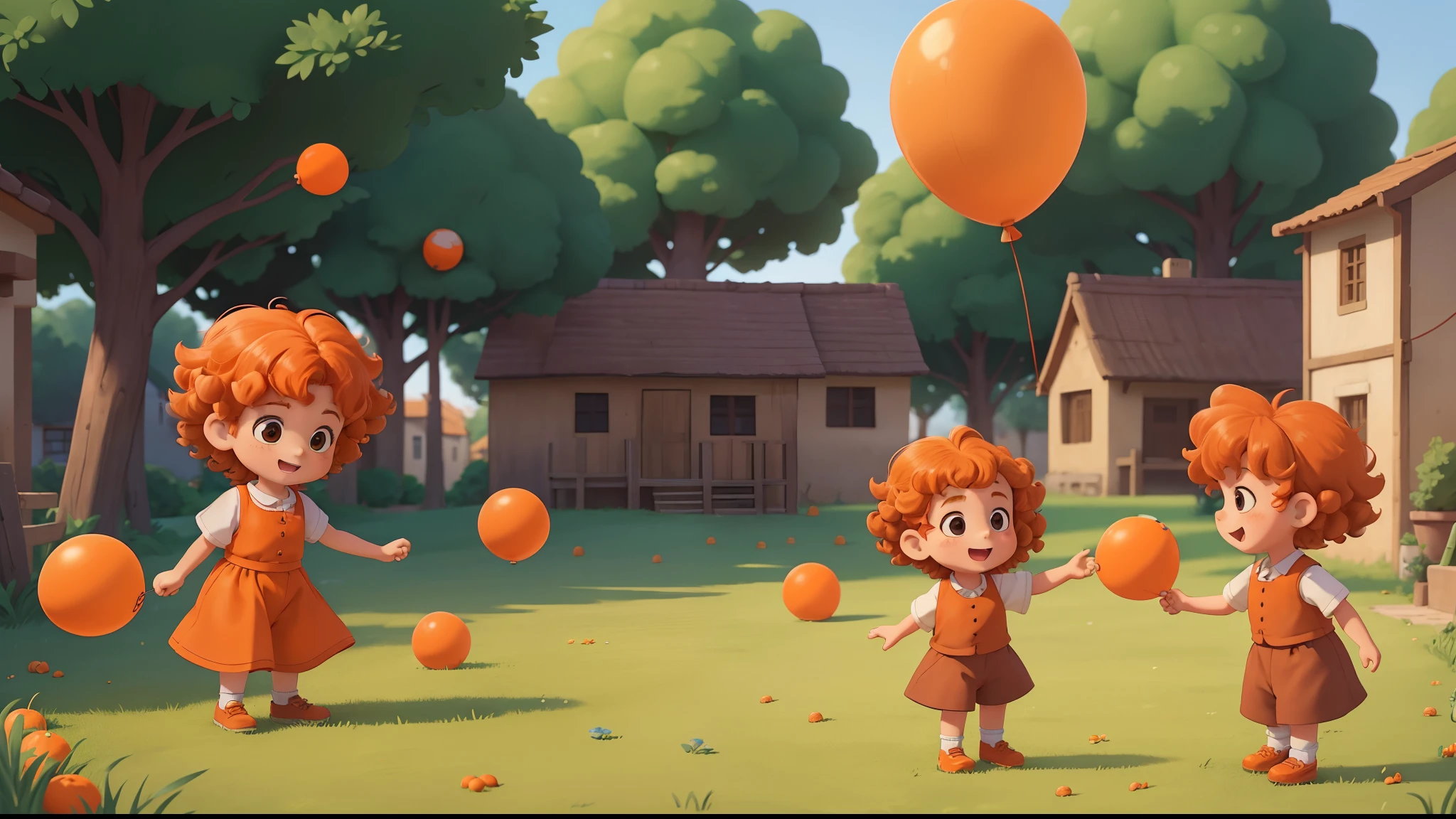 kids in a village playing happily with ballons ((only 1 kid have short curly-haired with orange hair:1.1 girl)