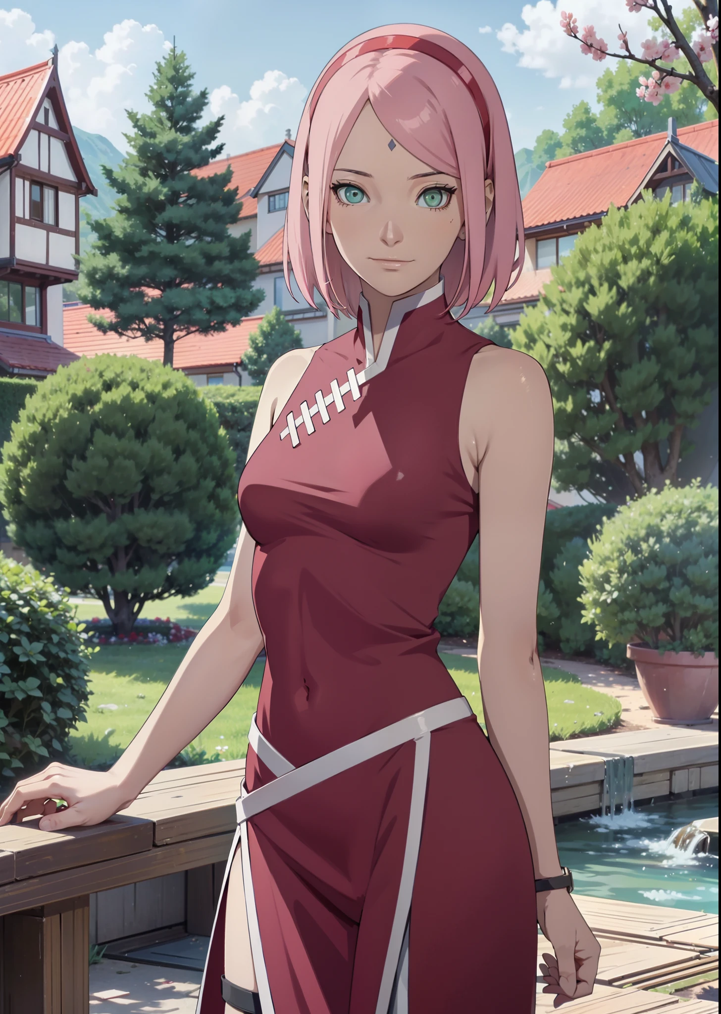 Sakura Haruno,女の子1人,kleine Brust,Perfect Body,schmale Taille,sexy body,hellrosa Haare,green eyes,symmetrisches Gesicht,Sharpness,scharfer Fokus,Extrem detaillierte Kleidung,cute smile,Blick auf den Betrachter,Stillstand,aufrecht stehend,Beautiful garden in the background,dunkelblaue Raute auf der Stirn,schwarze Handschuhe,rotes Haarband,Rote Jogginghose,White and red skinny tank top,sleeveless,Shortened tank top,full entire body,full-length portrait,