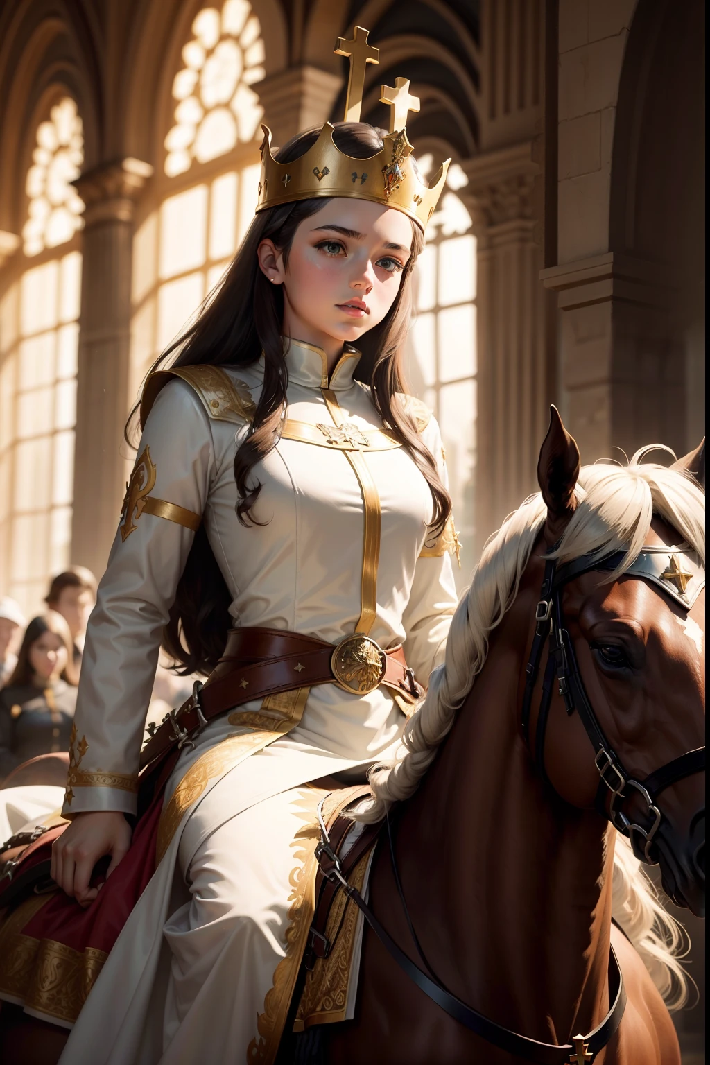 Christian icon age Catholic queen on horseback with crown, ultrarealista