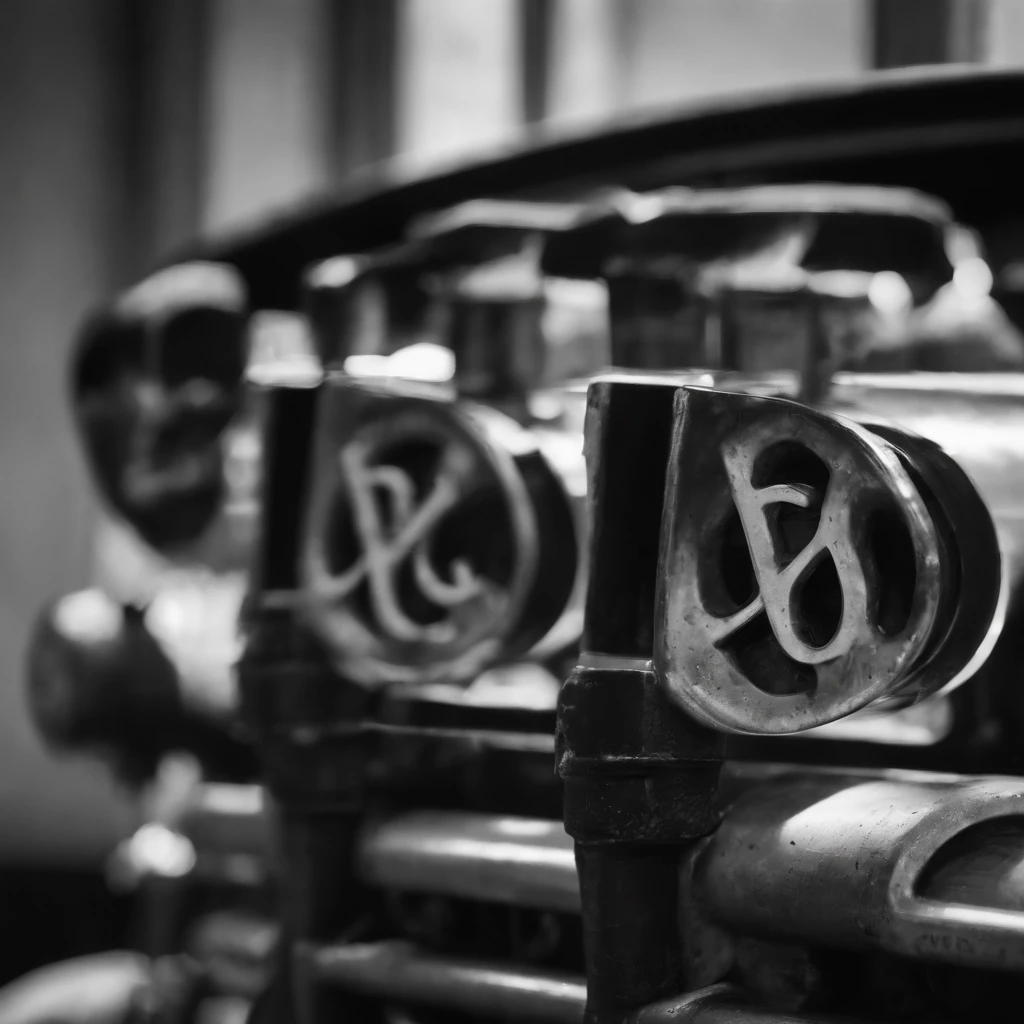 the logo for a car mechanig showing two pistons, graffiti, black and white