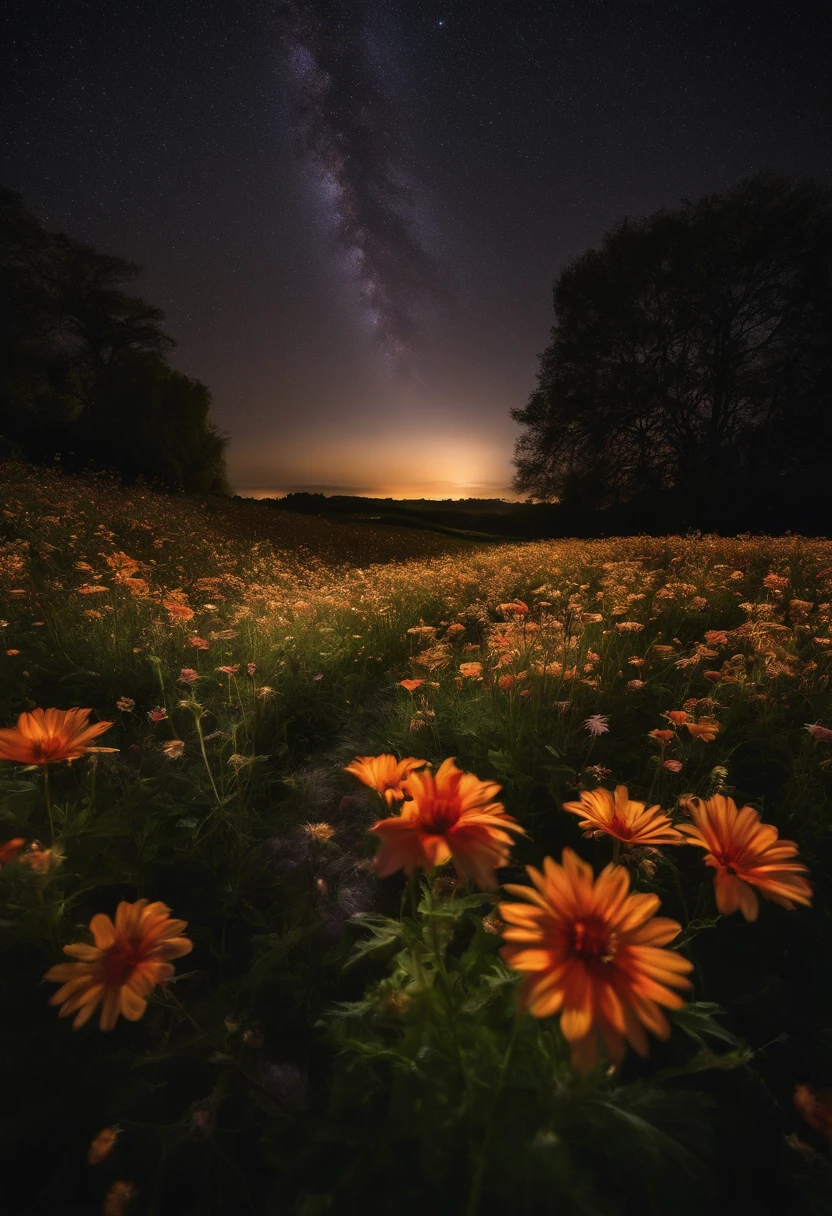 Nightshot, a Surreal, field of flowers, stars, overhead, close - up, high resolution, hyperrealism, long exposure, bestest Leica Camera, bestest Leica lens, ultra Hd, 32k, photo, poster, portrait photography, conceptual art, wildlife photography