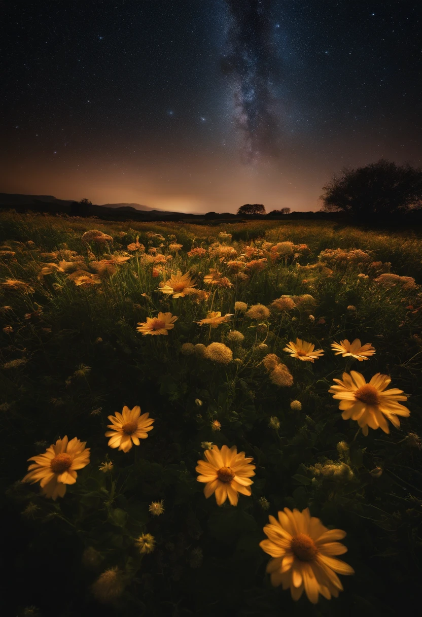 Nightshot, a Surreal, field of flowers, stars, overhead, close - up, high resolution, hyperrealism, long exposure, bestest Leica Camera, bestest Leica lens, ultra Hd, 32k, photo, poster, portrait photography, conceptual art, wildlife photography