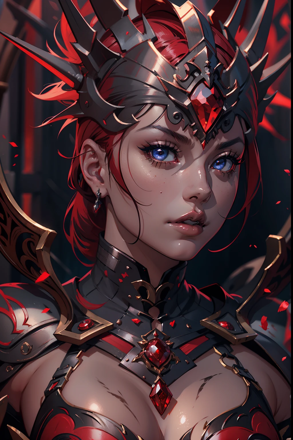 Beautiful Alluring Crimson Knight Sophie Turner, Bare Skin, Body Covered With Ruby Jewels, Athletic Well Toned Body, Elegant Form, Bare Skin, Inside A Dark Throne Room, Barely Clothed, cleavage, vissible breasts, Spikes, Beautiful Face, Ominous Gothic Theme, Fiverr Dnd Character, Octane Render, Digital Art, Extreme Detail, 4k, Ultra Hd, Polished, Beautiful, Hyperdetailed, Intricate, Elaborate, Meticulous, Photorealistic, Sharp Focus, Wlop, Character Design, Unreal Engine, 3d Rendered, Volumetric Lighting, Reflections, Glossy, Digital Illustration, Sensual Pose, Suggestive Pose, Lewd, Full Body Shot, 💖❤💕💋❣