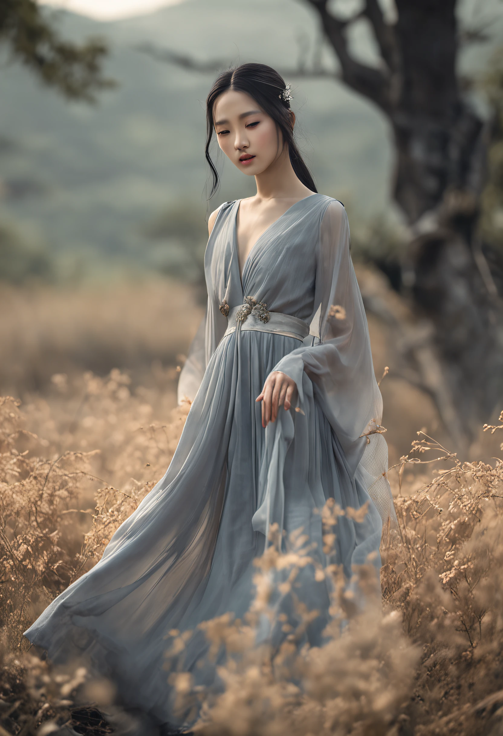 Arakfi woman in gray dress poses in field, a picture inspired by Huang Ji, Trend of CGsociety, artsy photography, Ethereal beauty, a stunning young ethereal figure, gorgeous chinese models, xue han, Chinese girl, Chinese woman, xintong chen, A young Asian woman, Very ethereal, shaxi, Chinese style, stunning elegant pose