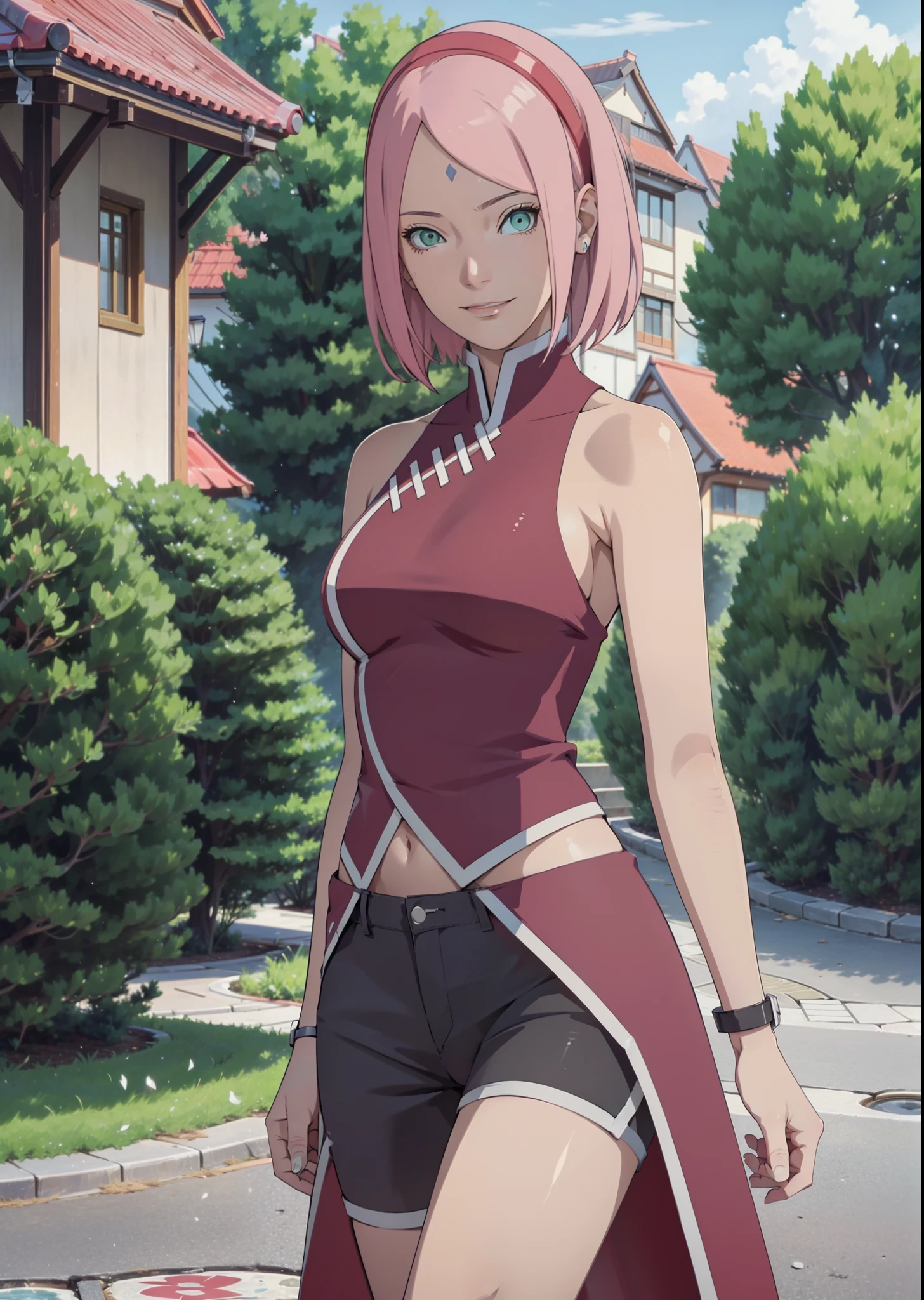 Sakura Haruno,女の子1人,kleine Brust,Perfect Body,schmale Taille,sexy body,hellrosa Haare,green eyes,symmetrisches Gesicht,Sharpness,scharfer Fokus,Extrem detaillierte Kleidung,cute smile,Blick auf den Betrachter,Stillstand,aufrecht stehend,Beautiful garden in the background,dunkelblaue Raute auf der Stirn,schwarze Handschuhe,rotes Haarband,crop tube top,skinny jeans shorts,full entire body,full-length portrait,