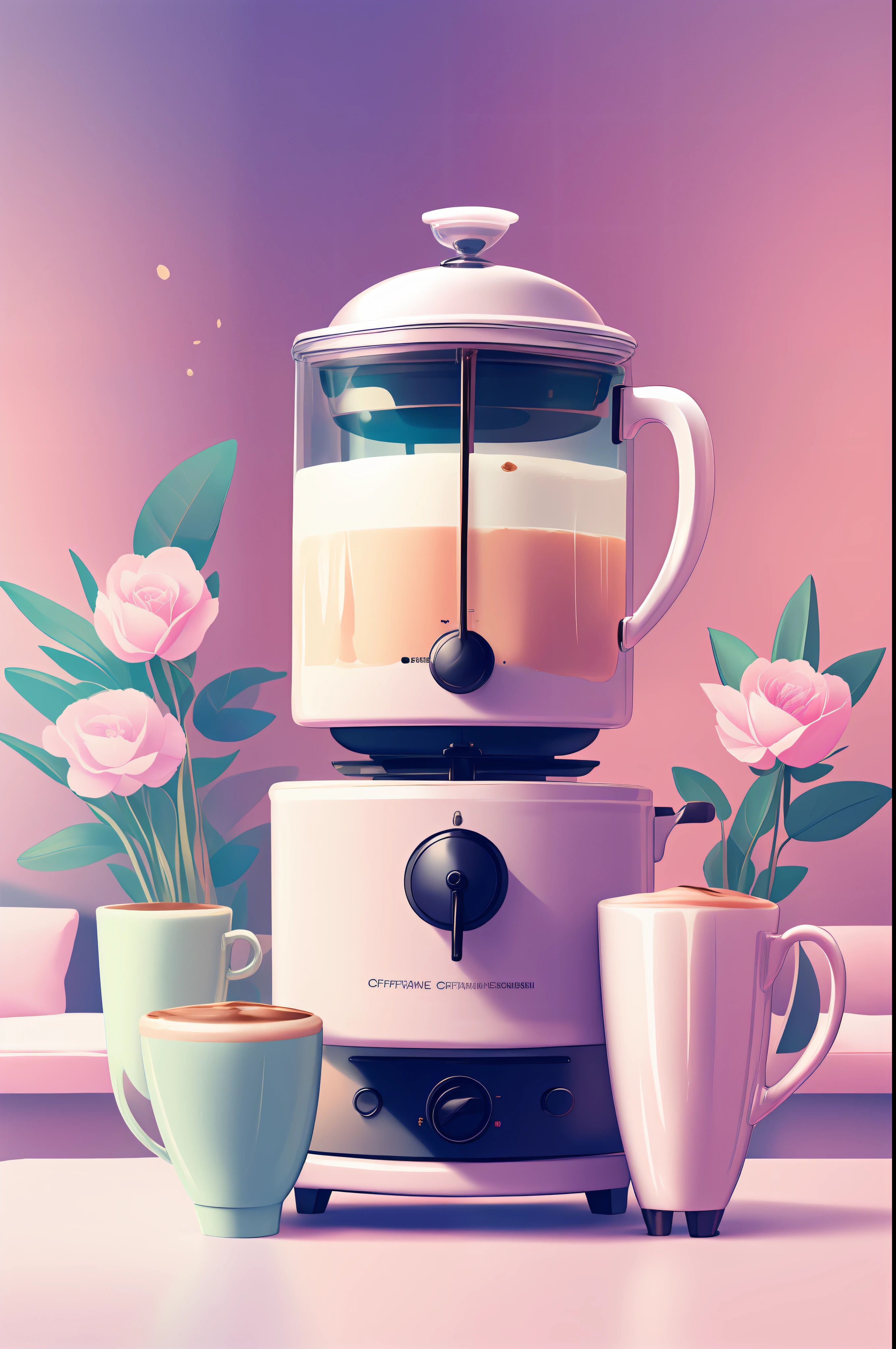 Close to coffee in an elegant cup, cappuccino, milk, Flowers, morning, Coffee table,higly detailed, Octane Render, Studio, cafes, coffee pot,a cup, Statuettes, bright neon, Perfect, Peony roses, Irises, Violets