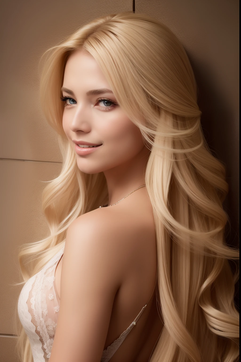 A beautiful woman with flowing blonde hair, vestido preto, Shampoo Comercial, Foto realista