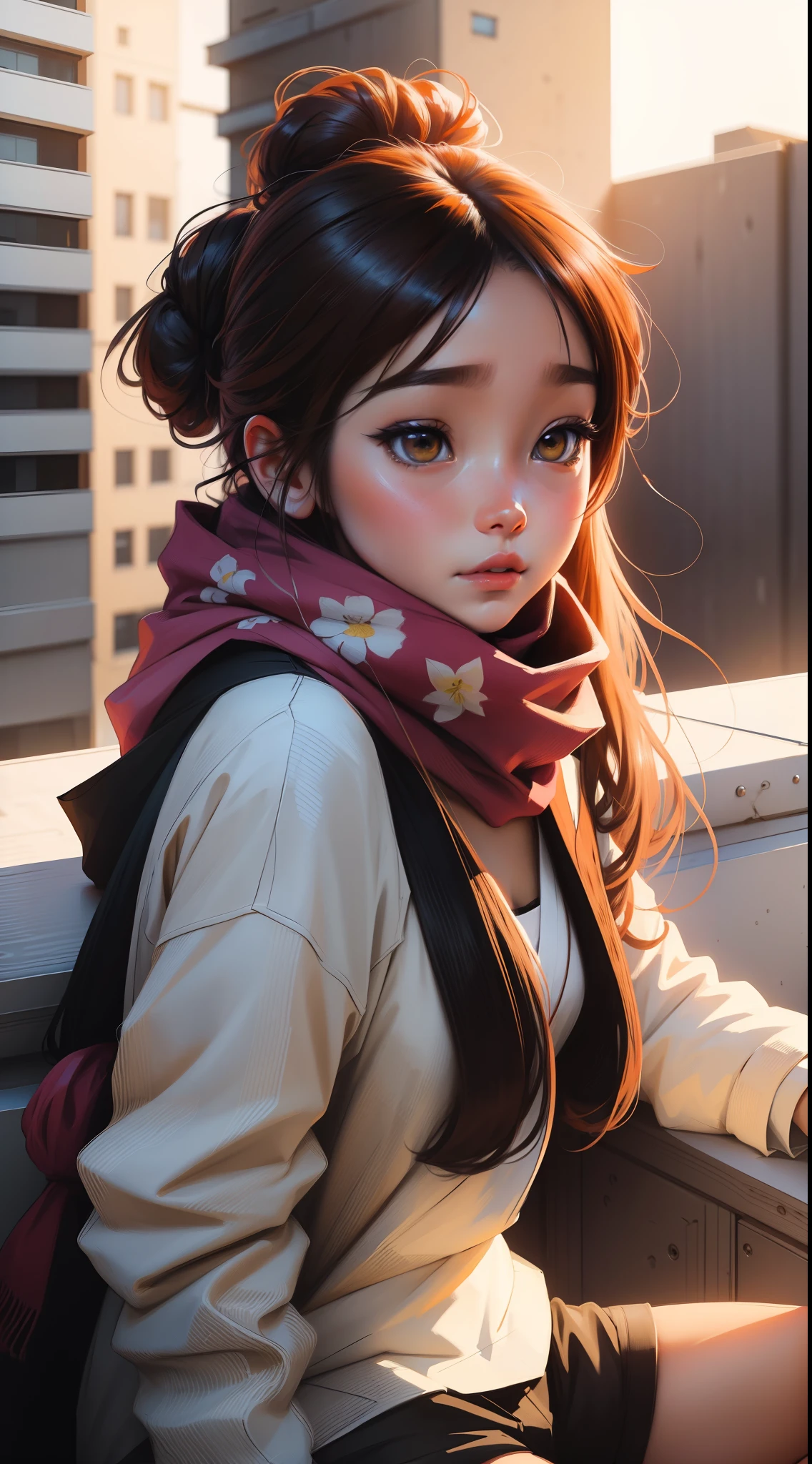 Anime girl sitting on rooftop，A scarf is worn on his head，A flower stuck in his hair, a beautiful anime portrait, Kawaii realistic portrait, Cute anime girl, Cute anime girl portrait, Beautiful anime girl, portrait of cute anime girl, pretty anime girl, anime visual of a cute girl, portrait anime girl, realistic anime artstyle, Anime style. 8K, Realistic young anime girl