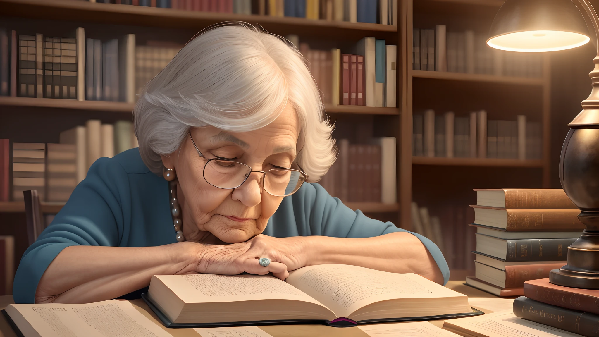 old woman, studying, books, library, sleeping, night, lamp light, HDR,8k,Hyper Realistic,Beautiful Soft Light Studio,Vibrant Details,Anatomical,Sleek,Sharp Focus,Studio Shot,Trending ArtStation,Hyper Detailed,Polarized Filter, --auto --s2