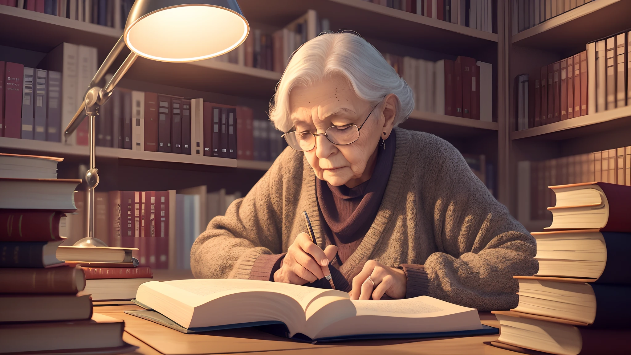 old woman, studying, books, library, sleeping, night, lamp light, HDR,8k,Hyper Realistic,Beautiful Soft Light Studio,Vibrant Details,Anatomical,Sleek,Sharp Focus,Studio Shot,Trending ArtStation,Hyper Detailed,Polarized Filter, --auto --s2